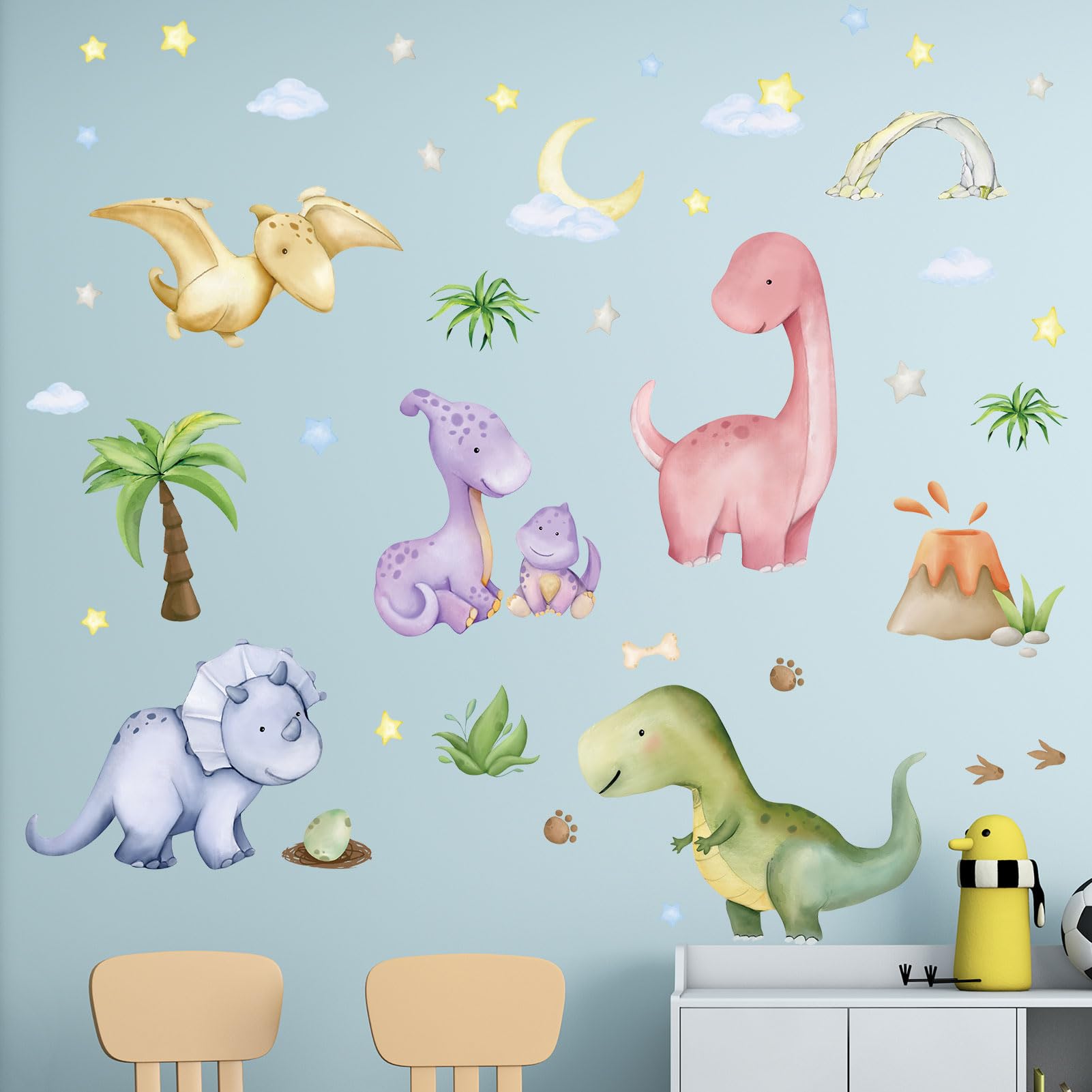 Amimagen Dinosaur Wall Decals - Volcano Cave Dino Eggs Leaf Palm Tree Stickers for Nursery, Kids Room, Baby Boys Bedroom, Daycare & Classroom Decor - Perfect for Playroom, Birthday Party & Educational Wall Art