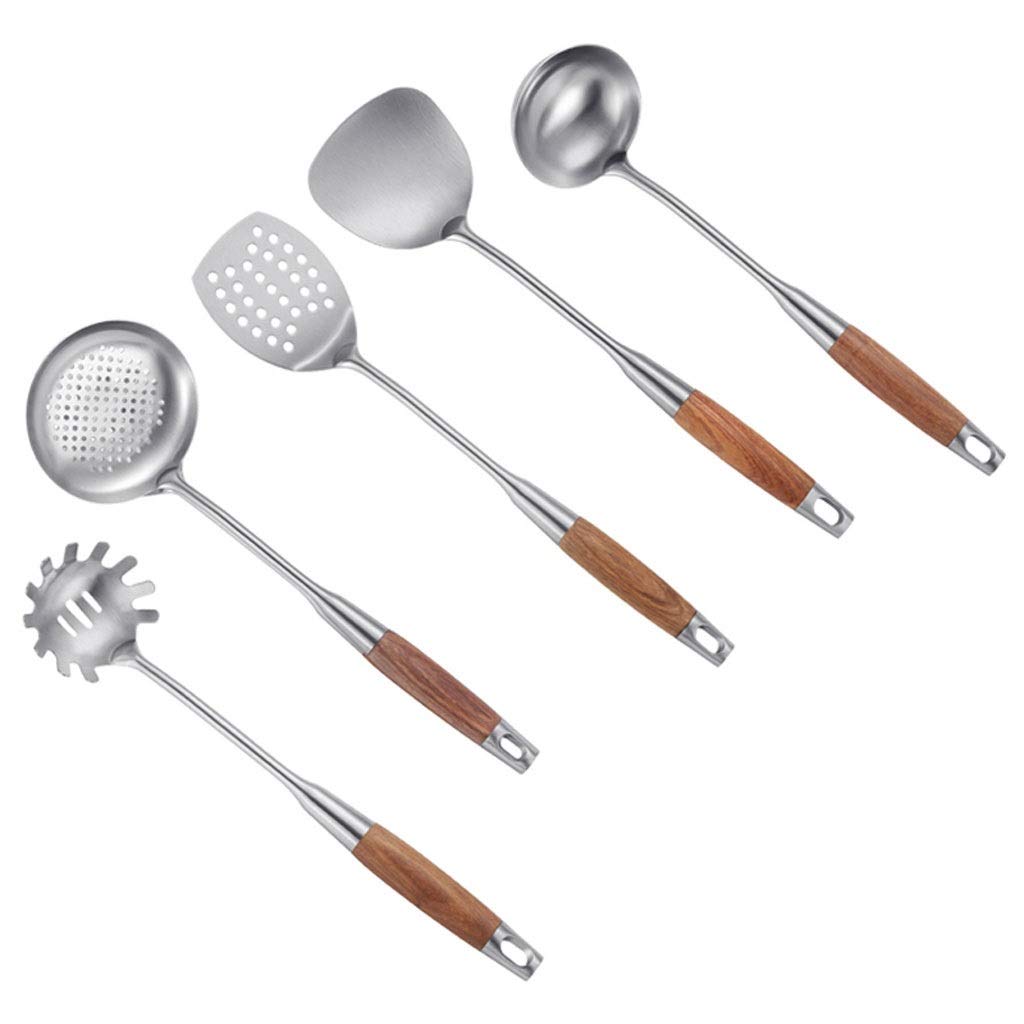 5-Piece Stainless Steel Kitchen Utensil Set with Wood Handle - Durable 304 Stainless Steel Cooking Tools for Baking, Stirring & Serving - Perfect for Home Chefs & Professional Kitchens