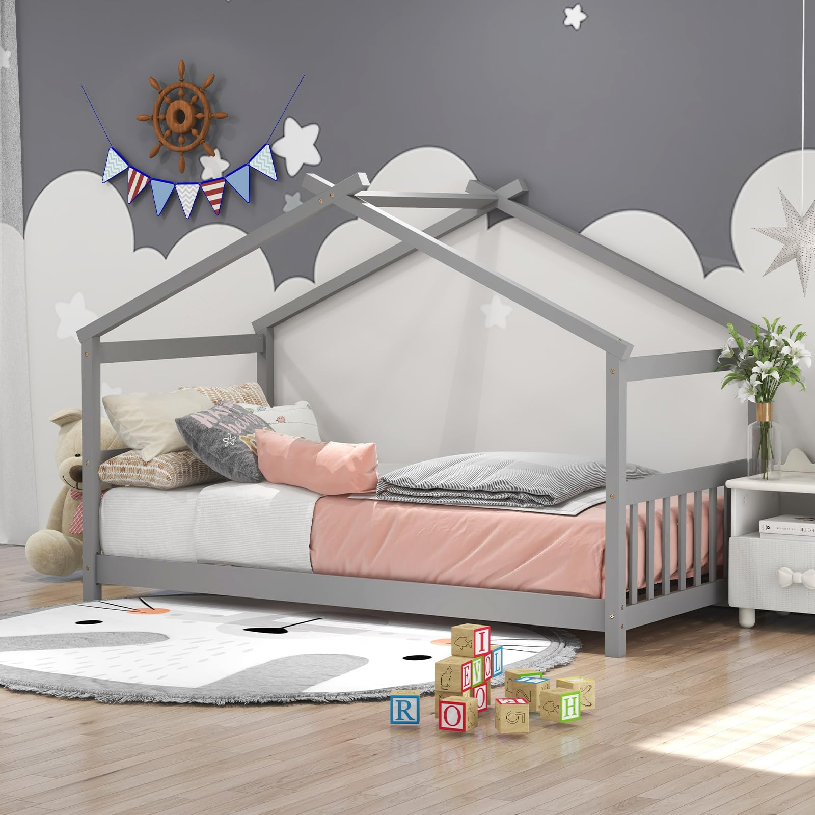 KOMFOTT Twin Wood House Bed for Kids - Low Profile Floor Bed Frame with Roof, Headboard & Footboard - Montessori Style Tent Bed for Toddlers, Boys & Girls - No Box Spring Needed (Grey) - Perfect for Bedrooms, Playrooms & Montessori Learning Spaces