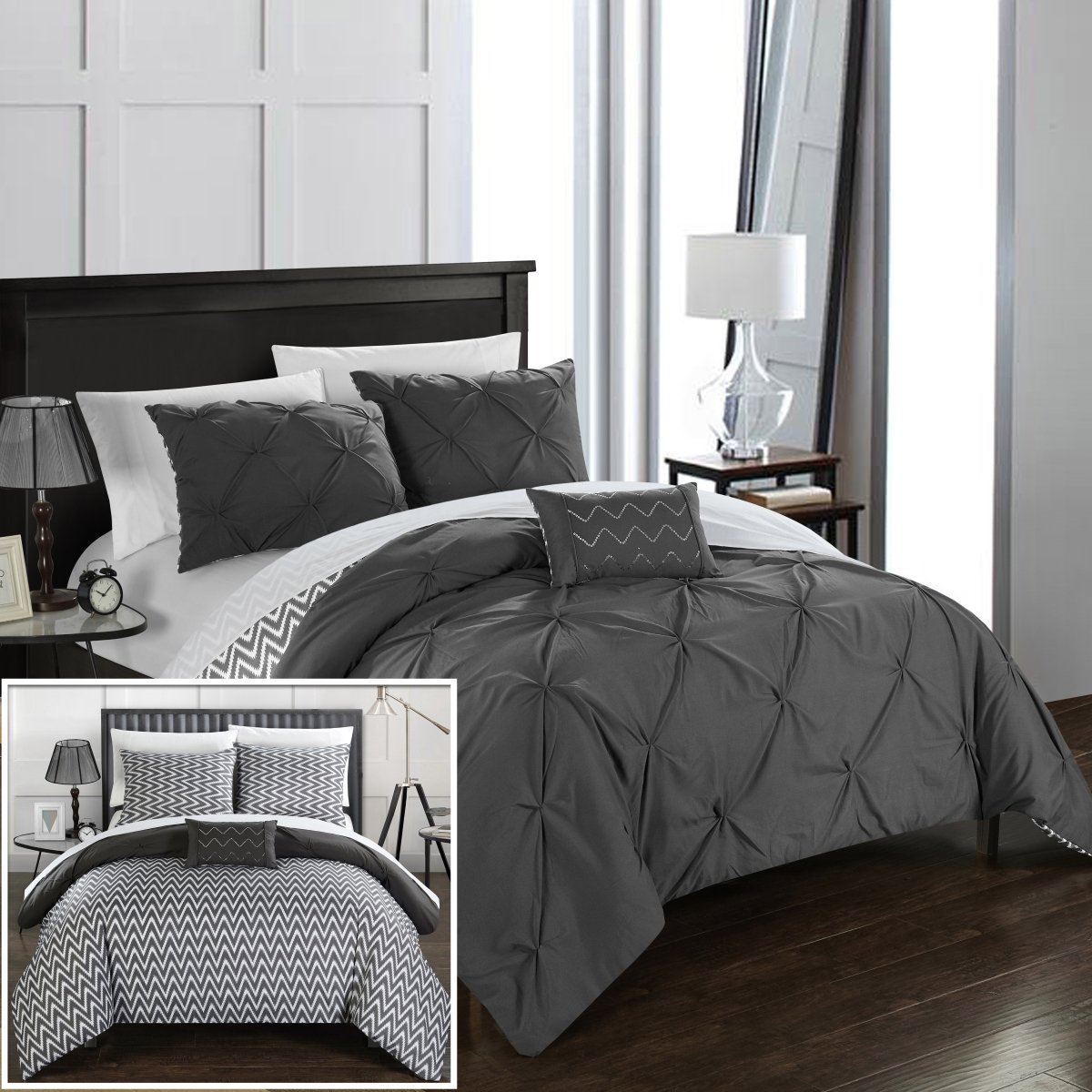 Everly Pinch Pleated Reversible Chevron Print 8-Piece King Bed in a Bag Comforter Set with Sheets - Grey - Perfect for Master Bedroom & Guest Room Decor