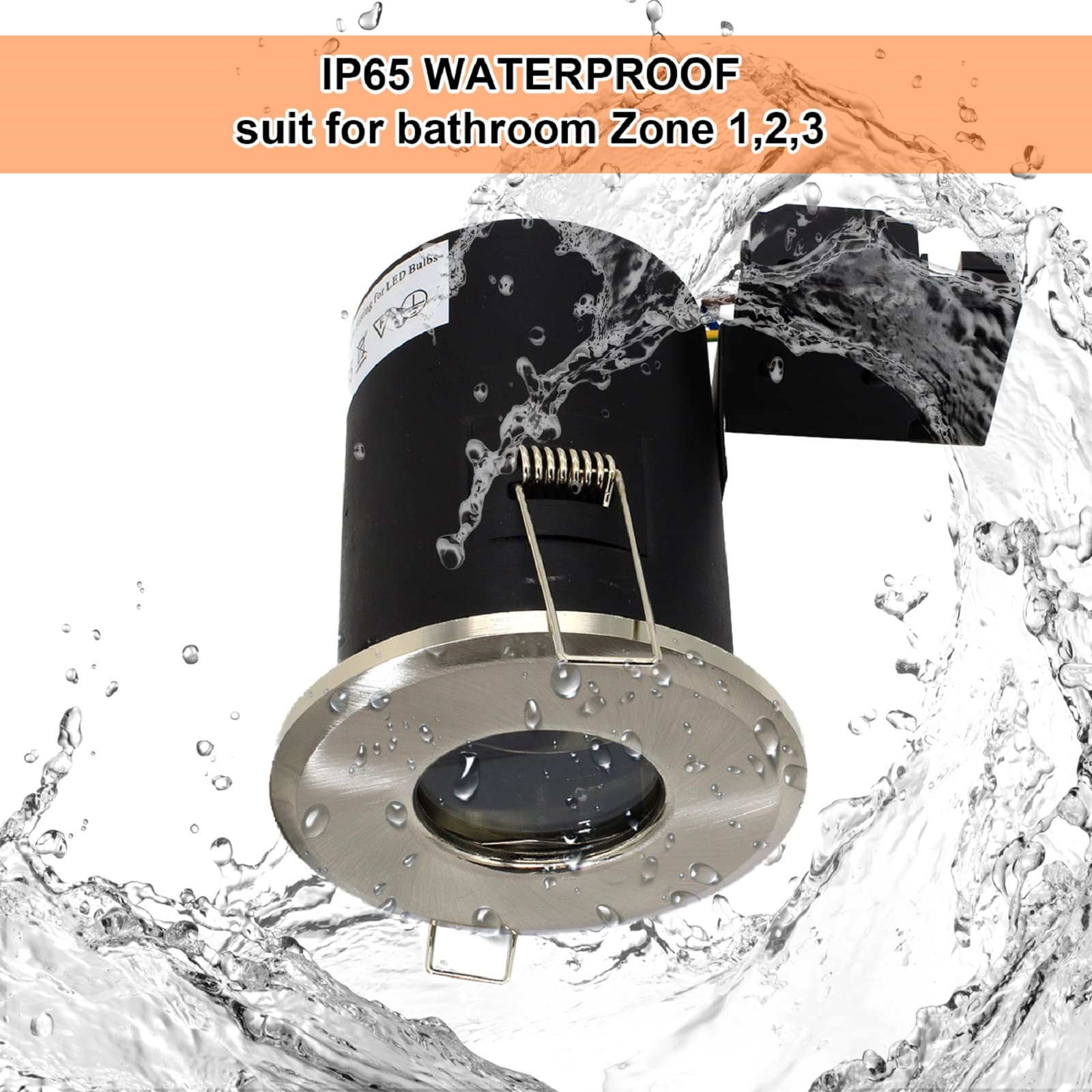 4X LED Fire Rated GU10 Downlights IP65 Waterproof - Brushed Chrome Recessed Ceiling Spotlights with 5W Warm White Bulbs - Perfect for Bathroom, Kitchen & Commercial Spaces