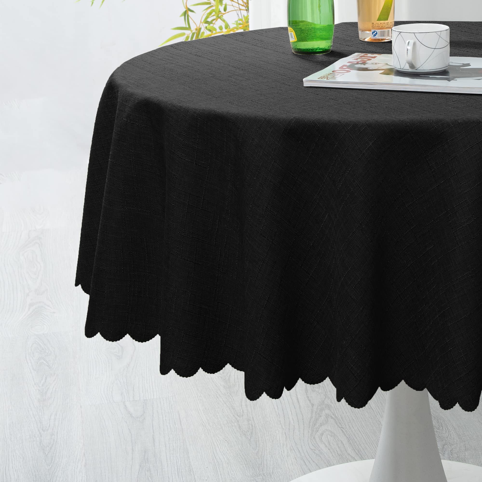 Premium Faux Linen Round Tablecloth 58 Inch - Waterproof & Washable Textured Weave for Indoor/Outdoor Use - Perfect for Kitchen, Dining Room, Party, Banquet & Picnic - Elegant Black Table Cover