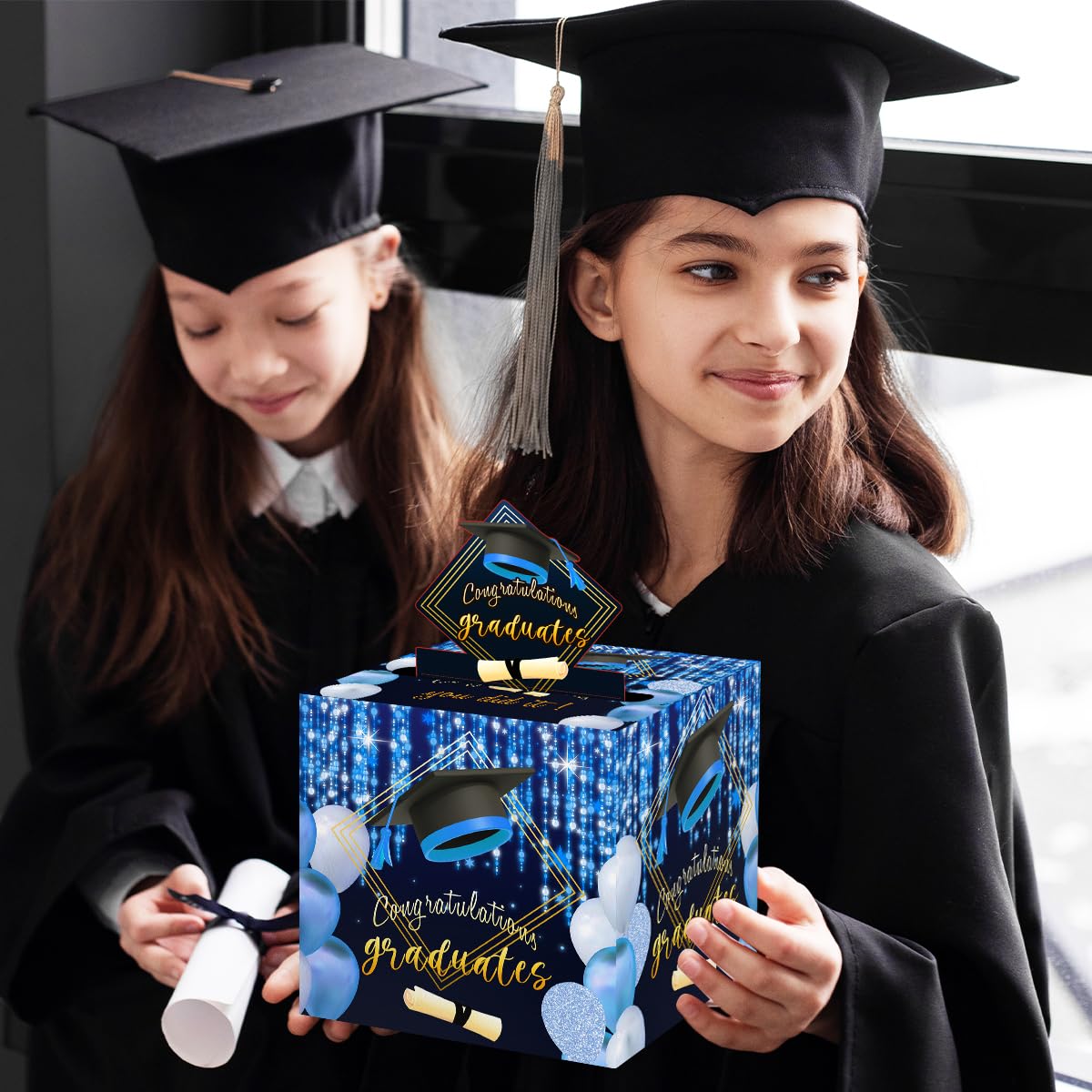 Sirjiera Graduation Money Box - Cash Gift Pull Surprise Box for Graduation Gifts (Men & Women) - Fun Graduation Party Decor in Black & Blue - Includes 35 Plastic Bags - Perfect for Graduation Parties, Gifts & Celebrations