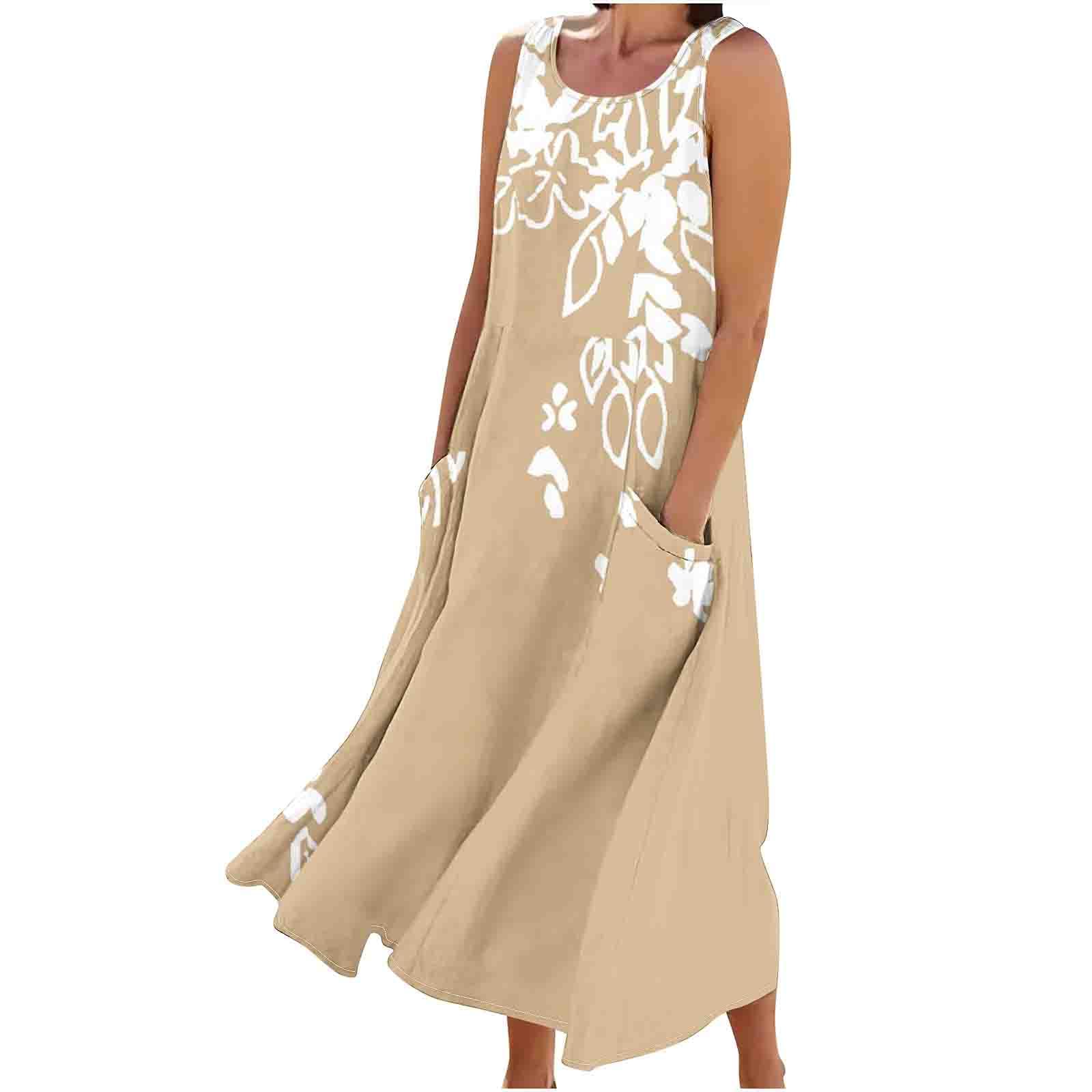 2024 Flowy Summer Dresses - Linen Floral Printed Boho Maxi Dress with Retro Sleeveless Design | Trendy Tank Dress for Beach Vacation, Date Night & Summer Parties