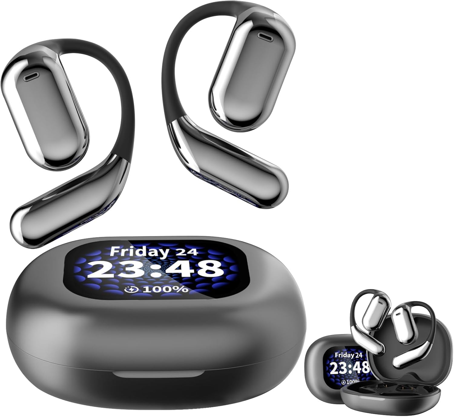 Erazers Xp2 True Wireless Open Ear Earbuds - Bluetooth 5.4 Over-Ear Headphones with Touch Screen Display & IPX5 Waterproof - Comfortable Wireless Earbuds for Running, Workouts, and Outdoor Activities (Black)