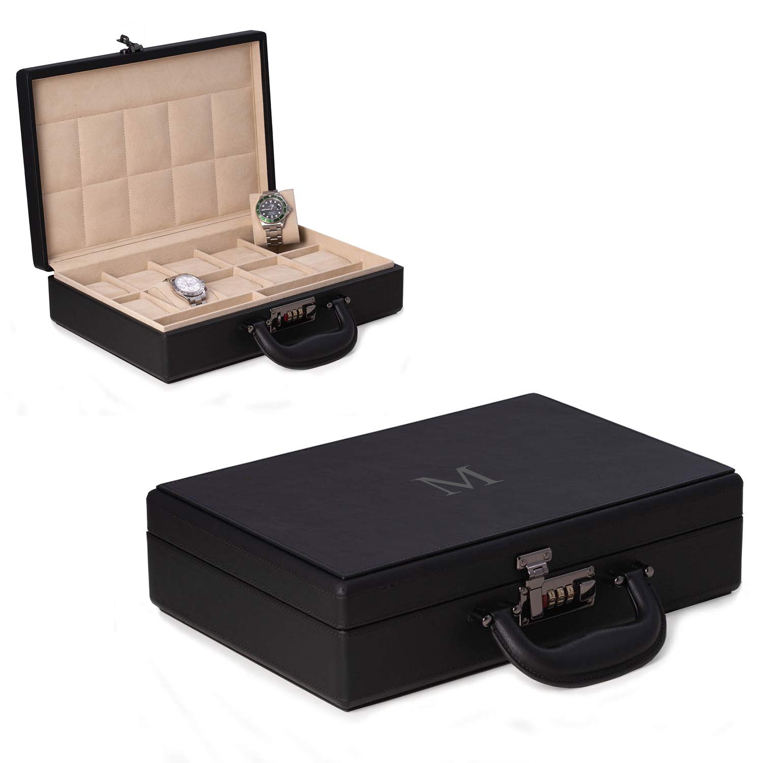 Bey-Berk Custom Personalized Alfred Watch Box Briefcase - Holds 10 Watches & Accessories | Luxury Watch Storage & Travel Case for Collectors