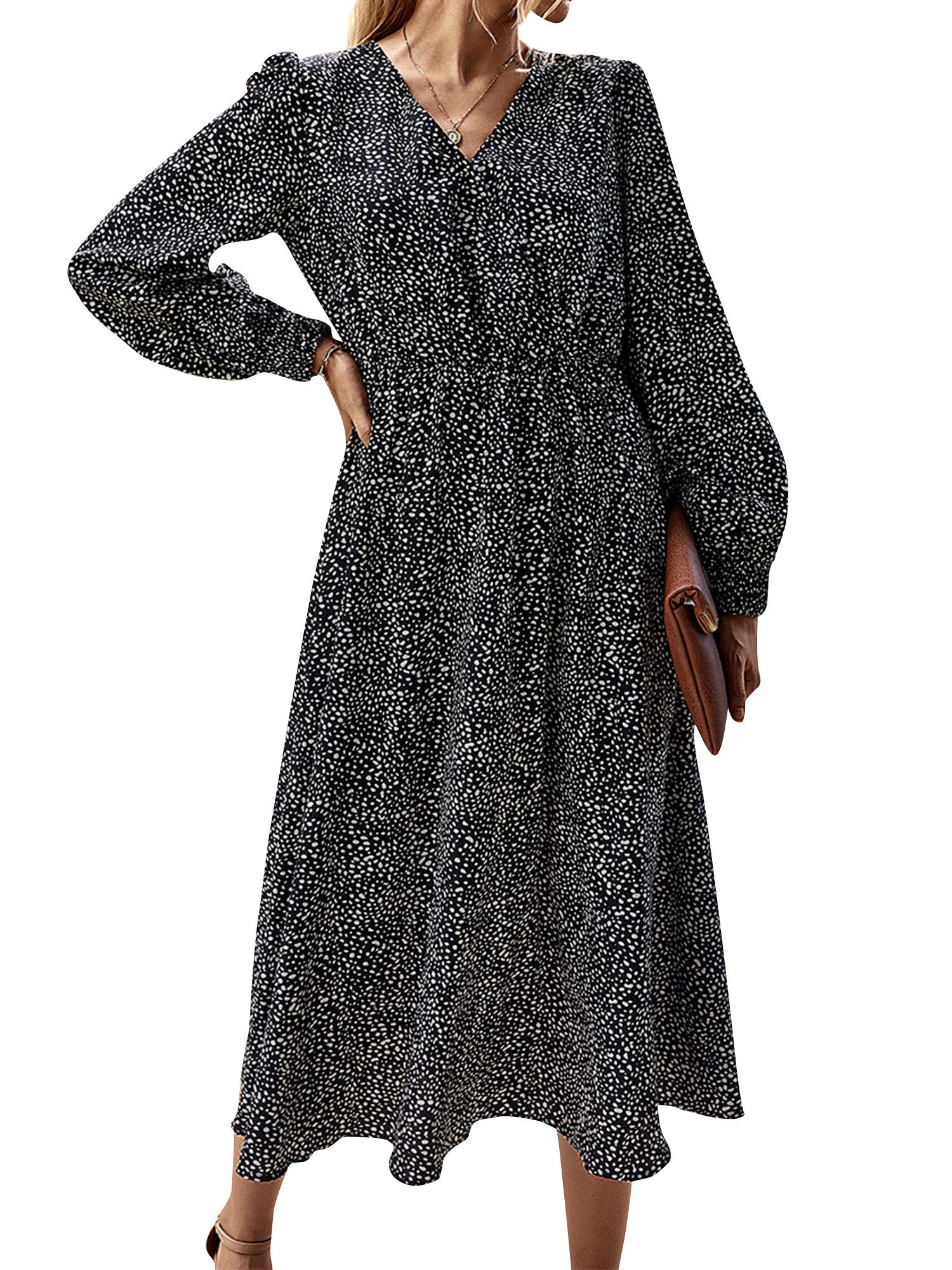 SNRC Women's Floral Print Wrap Dress with V-Neck & Lantern Sleeves - Boho Flowy Midi Dress for Summer, Beach, and Casual Outings