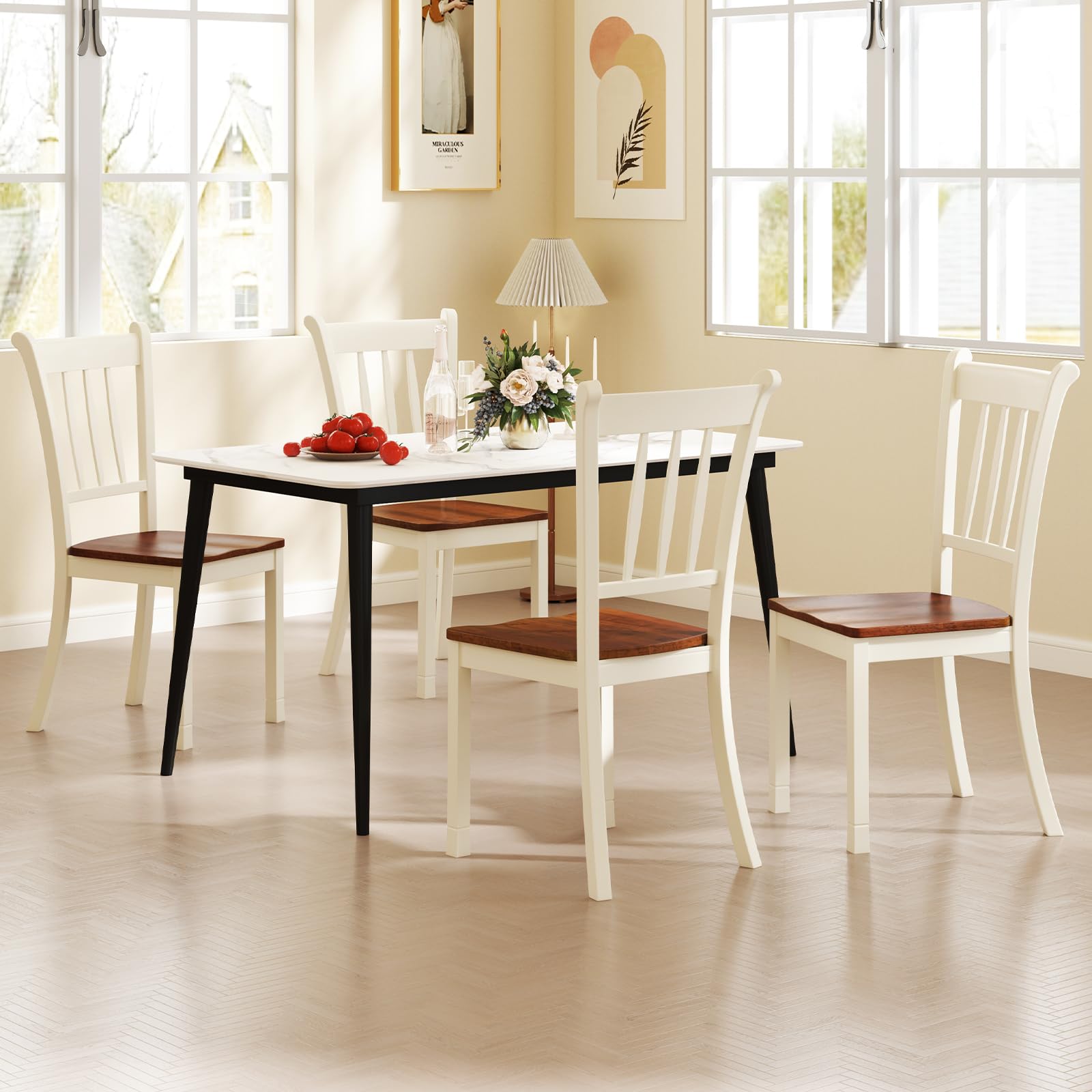 Solid Wood Dining Chairs Set of 4 - Armless Kitchen Chairs with Curved Slat Back, Farmhouse Style Wooden Chairs for Dining Room & Kitchen (Ivory White) - Perfect for Farmhouse Decor, Small Spaces & Family Gatherings