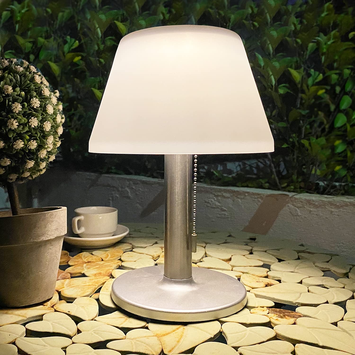 Solar Powered LED Table Lamp - 3-Way Dimmable, Waterproof Outdoor & Indoor Lighting for Patio, Bedroom, Living Room, Kids Room, Garden | Modern Cordless Desk Lamp with Pull Chain | Perfect for Night Reading, Backyard Parties, and Cozy Ambiance