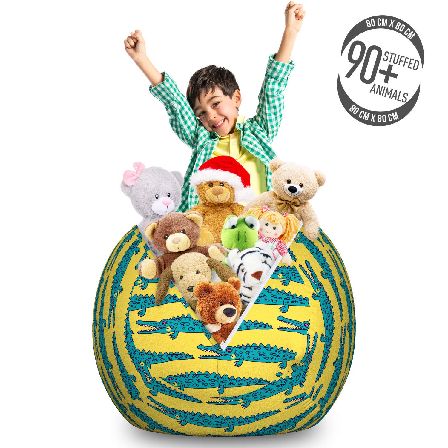 Ambesonne Alligator Toy Storage Bag Chair - Large Washable Crocodile Pattern Stuffed Animal Organizer for Kids Room, Nursery, Playroom - Teal & Mustard Doodle Design