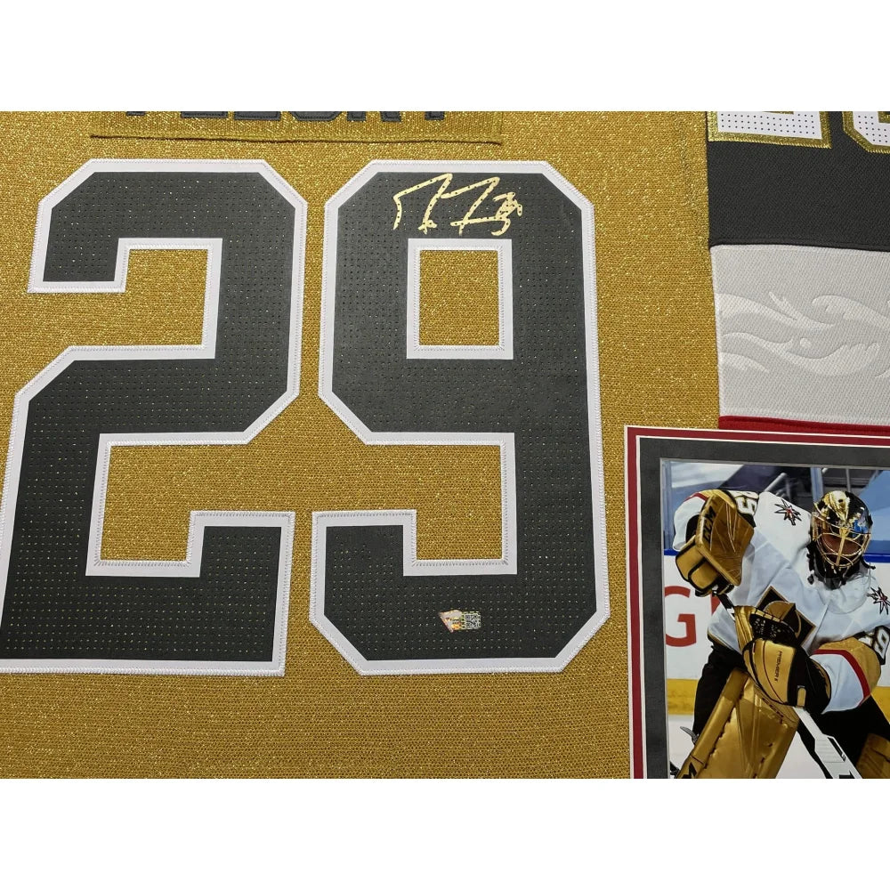 Marc Andre Fleury Signed Vegas Golden Knights Gold Alternate Jersey - Framed Autographed NHL Memorabilia for Collectors & Hockey Fans - Perfect for Man Cave, Sports Bar, or Gift