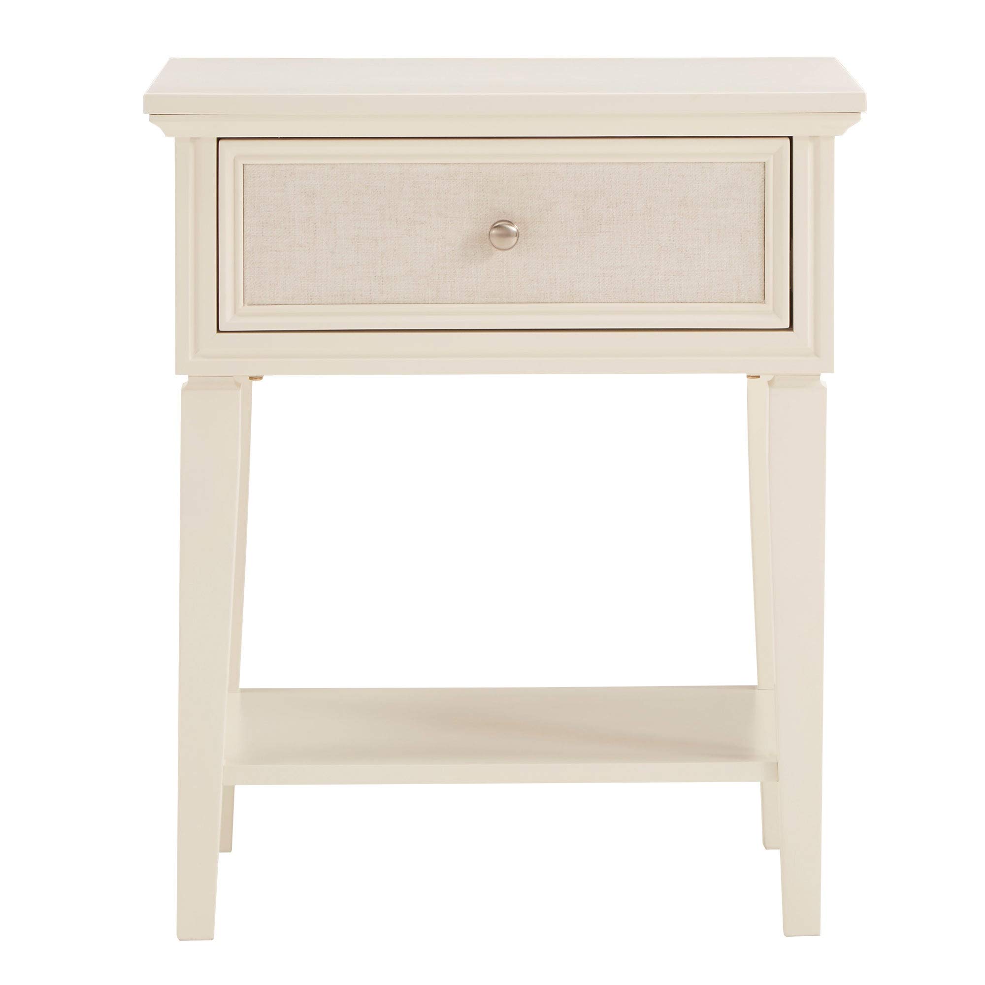 White Beige Linen Drawer Nightstand - 1-Drawer MDF Wood Bedside Table with Felt Lined Top & Hardware Included | Traditional Transitional Style for Bedroom, Living Room & Guest Room