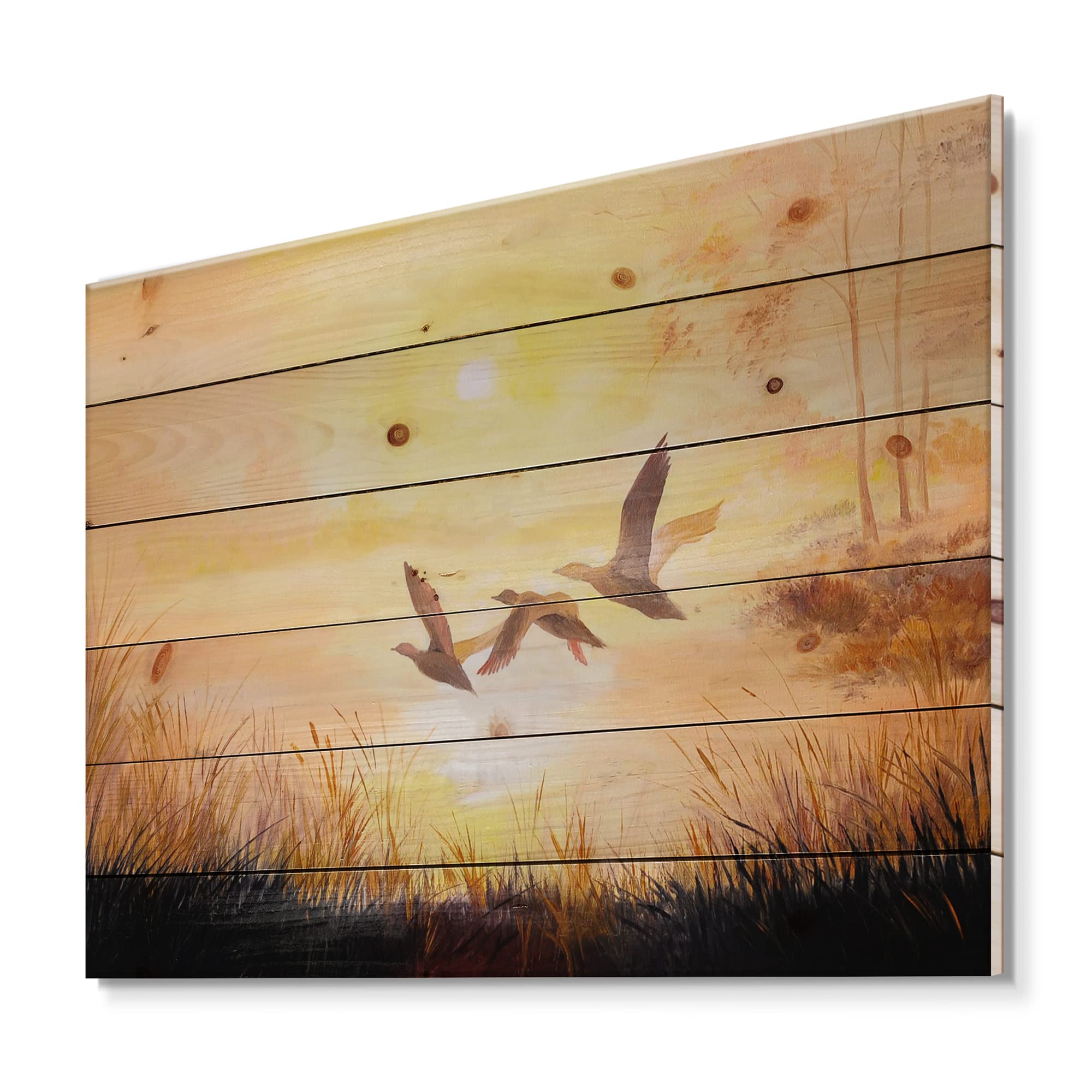 DesignQ Traditional Three Cranes Flying Through Sunset Wood Wall Art - Yellow Large Animal Wall Decor Panel Printed on Natural Pine Wood - Perfect for Living Room, Bedroom & Office Decor