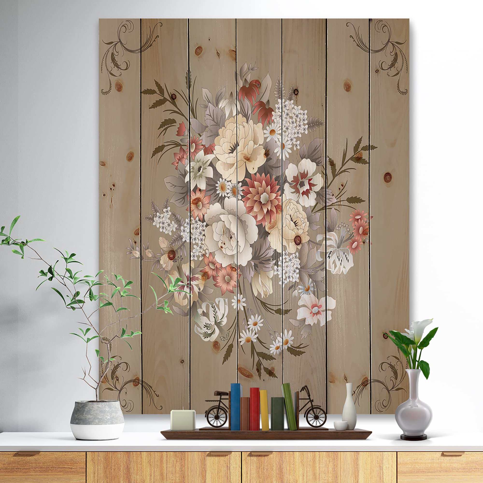 White and Yellow Floral Pattern Nautical Coastal Wood Wall Decor - Large Printed Pine Wood Wall Art for Beach House, Living Room & Bedroom Décor
