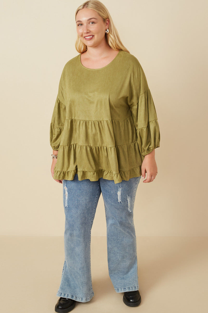 Vegan Suede Tiered Puff Sleeve Blouse - Women's Boho Chic Tunic Top for Casual Outings & Date Nights