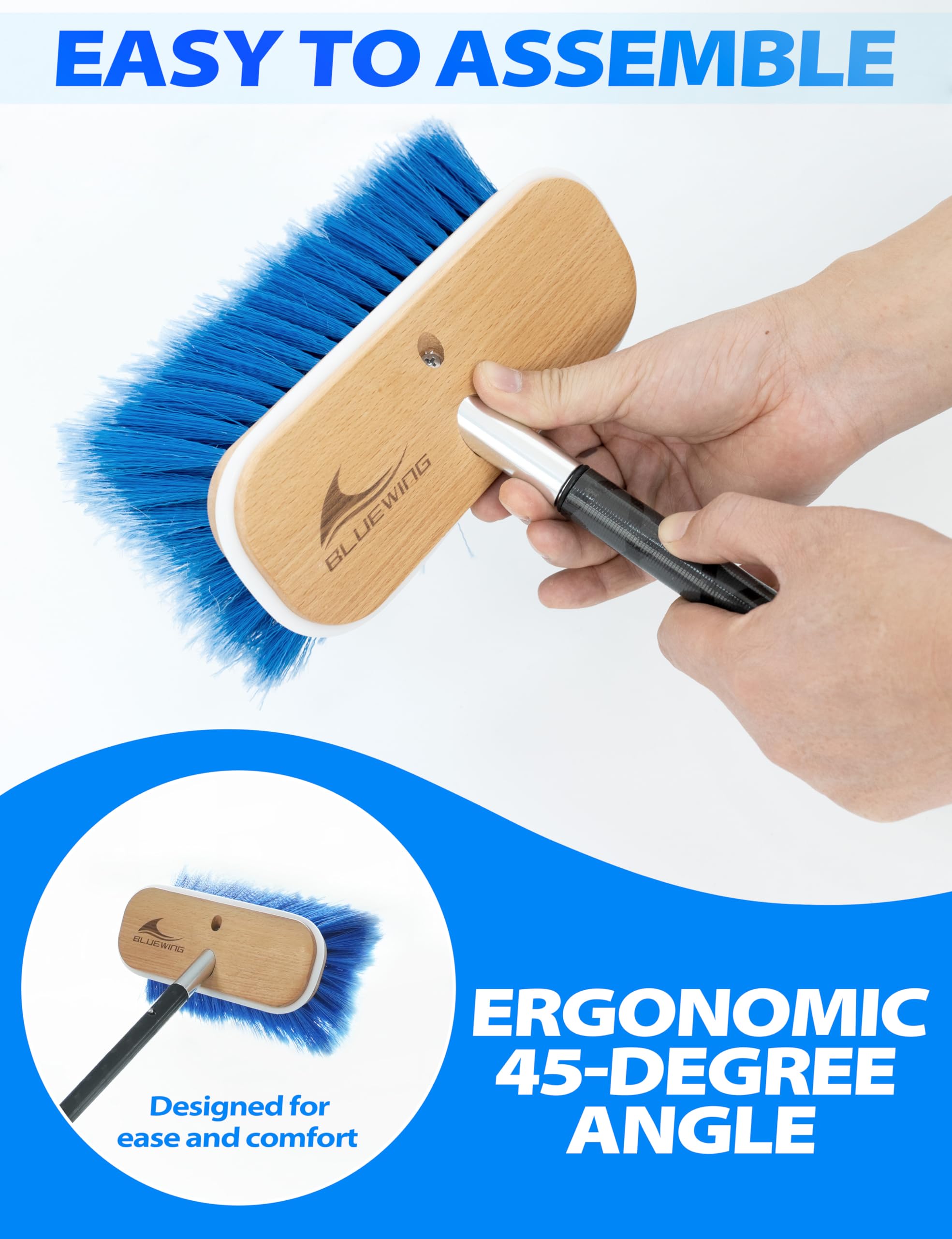 BLUEWING 4ft/6ft/8ft Heavy Duty Deck Brush with Carbon Fiber Handle - Soft/Medium/Hard Bristles for Boat, Patio & Outdoor Cleaning | Durable Scrubbing Tool for Wooden Decks, Concrete & Pool Areas