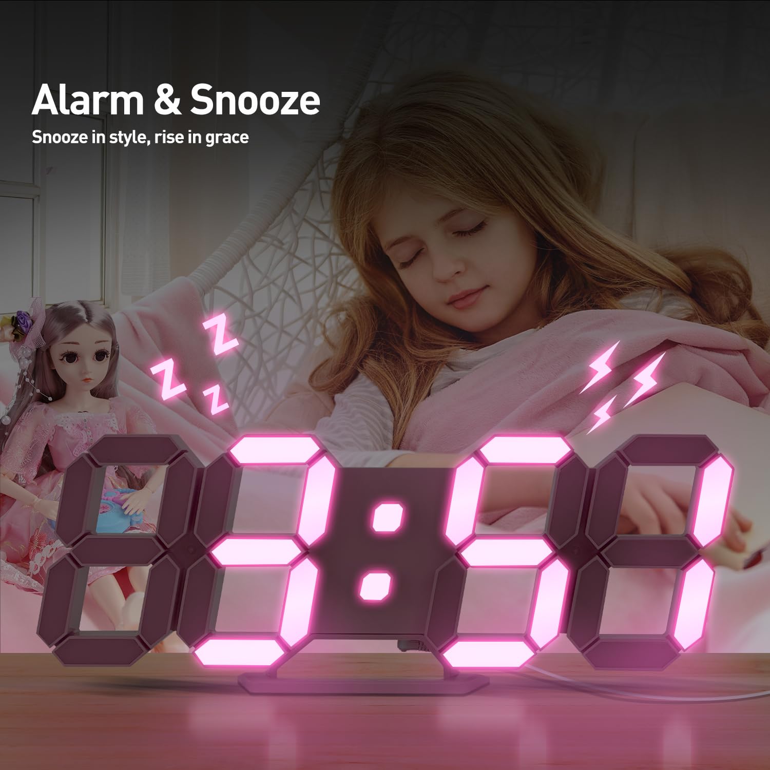 COVERY 10'' Pink Digital Wall Clock with 3D LED Display - Large Numbers, Alarm, Snooze, Temperature, Nightlight & Remote Control | Perfect for Girls Room, Bedroom Decor & Valentine's Gift