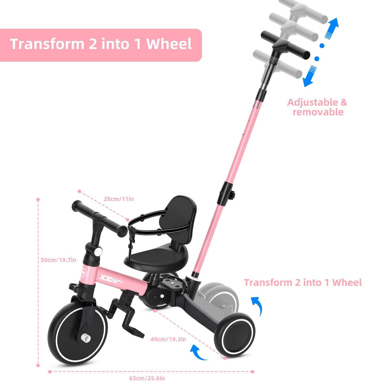 XJD 6-in-1 Foldable Toddler Tricycle with Push Handle - Adjustable Balance Bike for 1-4 Year Olds | Removable Pedals, Backrest & Height Adjustable Seat | Perfect First Birthday Gift (Pink) | Ideal for Indoor Play, Outdoor Learning & Developing Motor Skills