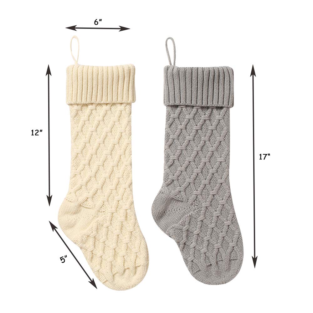 Premium Cable Knit Argyle Christmas Stockings - 18 Inch Large Size, Personalized Ivory White & Gray Holiday Decor (4 Pack) | Perfect for Family Gift Exchange, Fireplace Mantel Decorations & Festive Home Styling