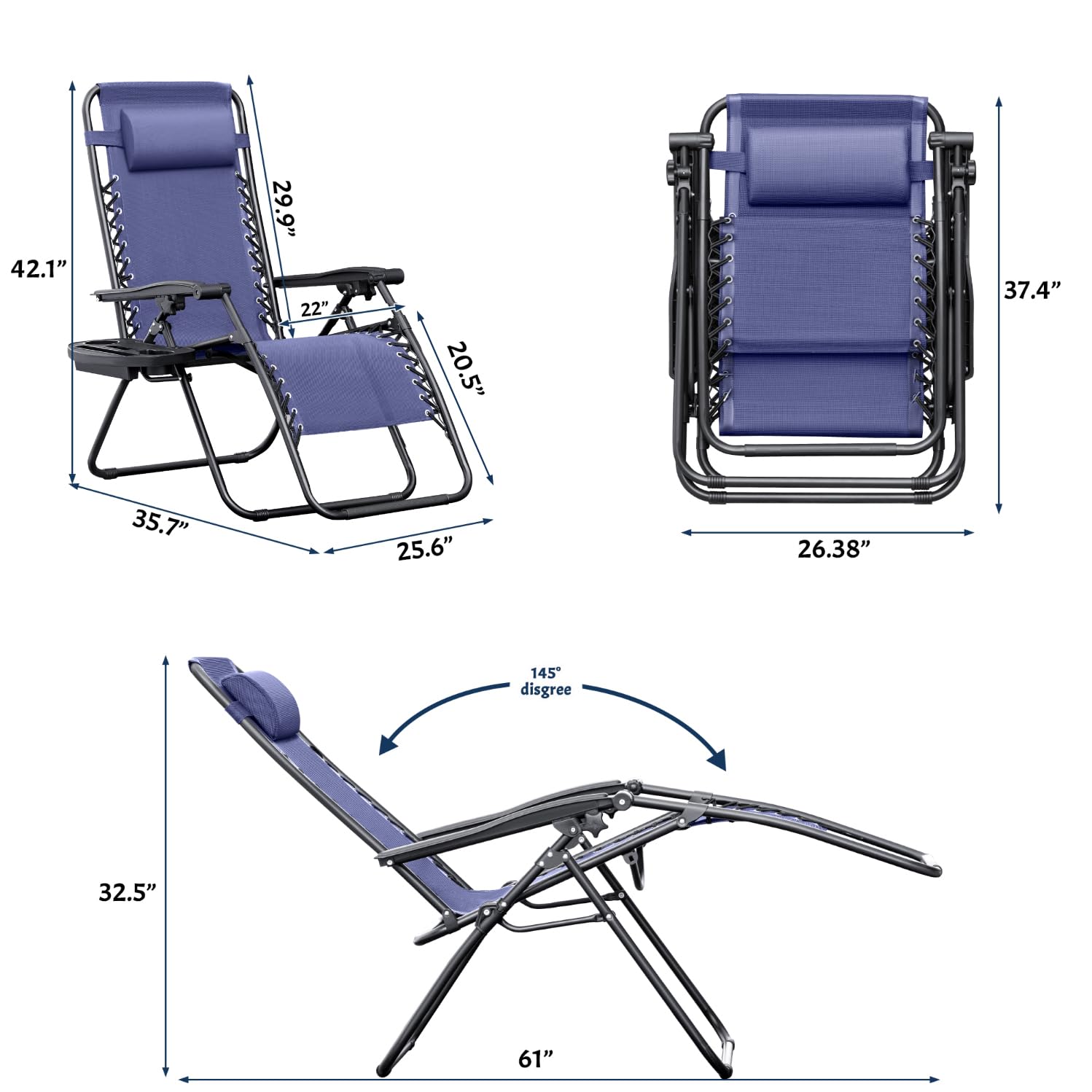 Greesum Zero Gravity Lounge Chairs Set of 2 - Adjustable Steel Mesh Recliners for Outdoor Relaxation, Beach, Deck, Lawn, Camping & Patio - Foldable with Cup Holder, Side Trays & Pillows - Blue - Perfect for Backyard Lounging, Poolside Relaxation and Outdoor Adventures