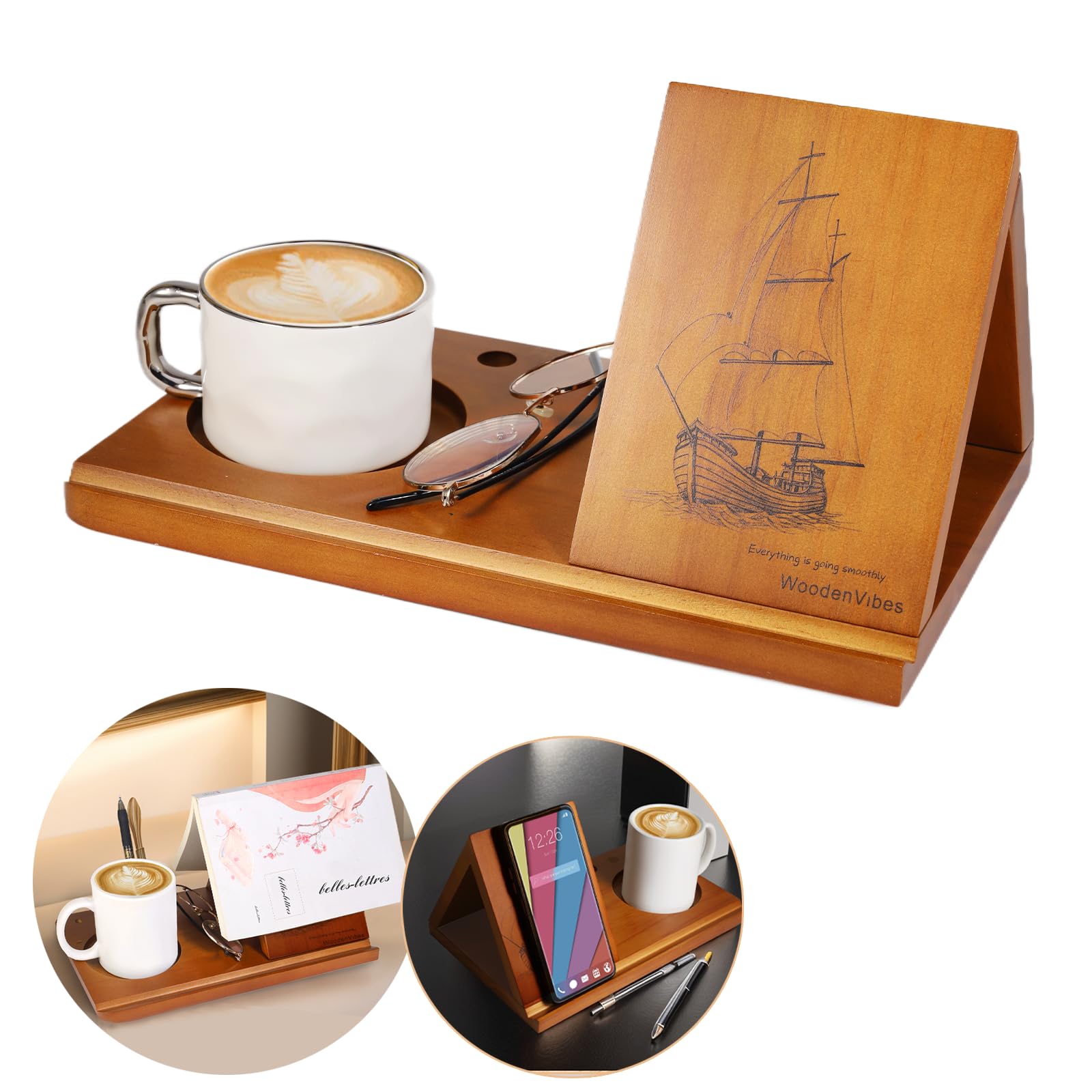 Solid Wood Book Stand with Cup Holder - Adjustable Reading Valet for Books, Tablets & Kindle, Perfect for Home, Office & Library Use