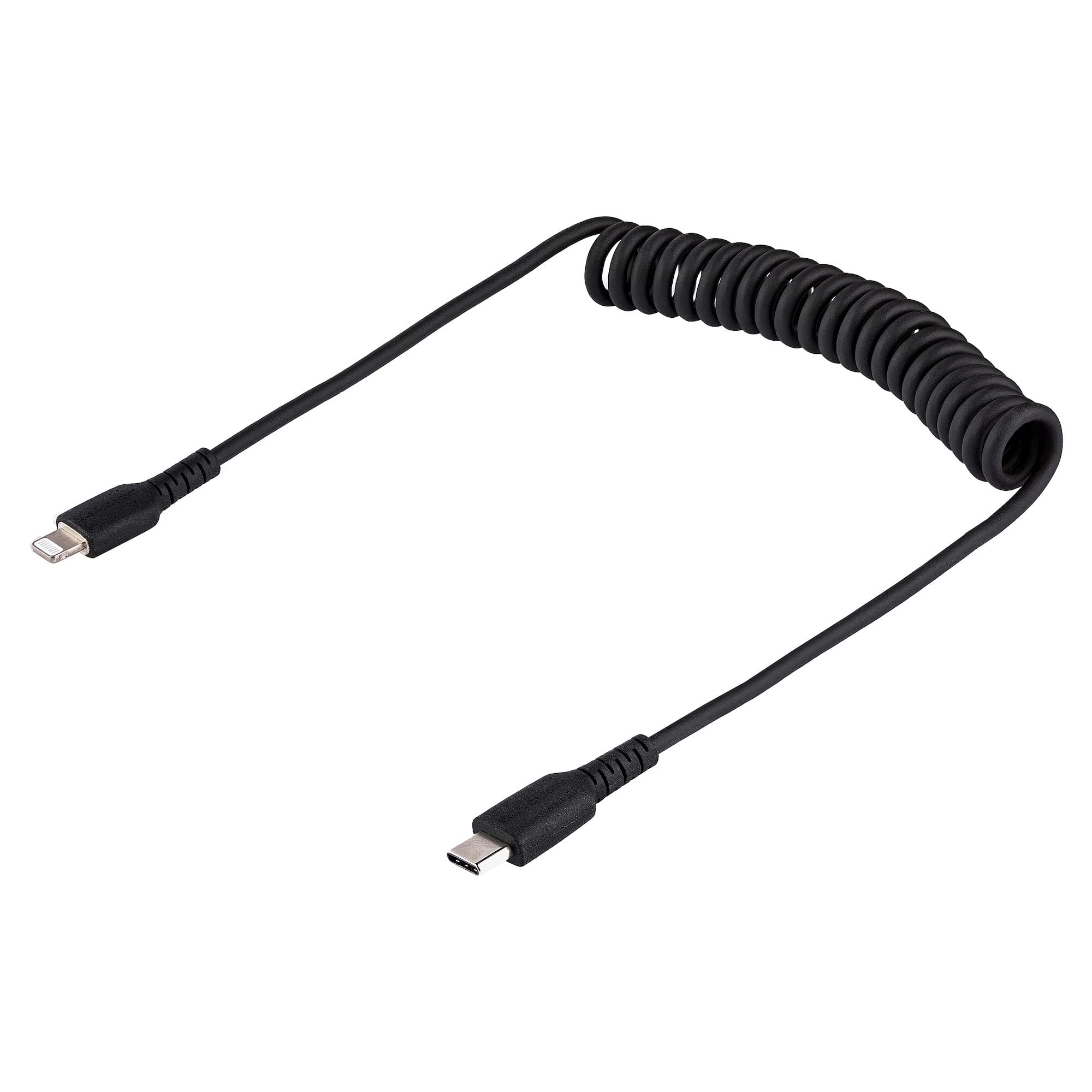 StarTech.com 1m (3ft) USB C to Lightning Cable - MFi Certified iPhone Charger with Durable TPE Jacket & Aramid Fiber - Heavy Duty Coiled Cable for iPhone 12/13/14/Pro/Max - Perfect for Home, Office & Travel (RUSB2CLT1MBC)