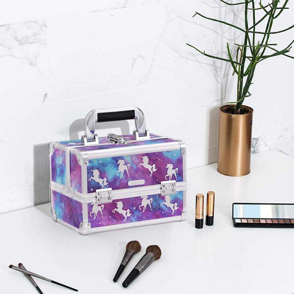 Joligrace Vanity Case Makeup Organizer with 5X Magnifying Mirror - Portable Cosmetic Storage Box for Travel, Home & Salon Use - Purple Unicorn Design Beauty Train Case