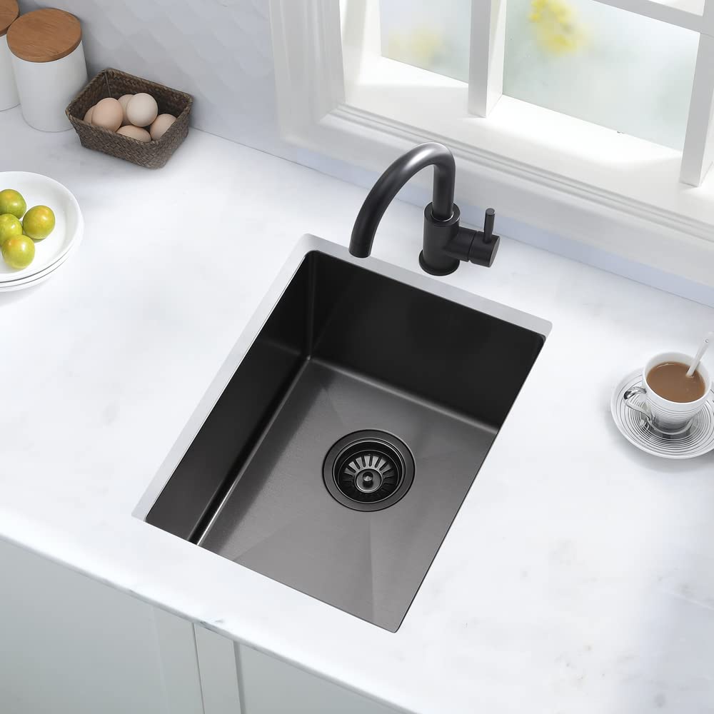 14 Inch Undermount Bar Sink Black - Hovheir 16 Gauge Stainless Steel Single Bowl Kitchen Sink (14x18 Inch) for Wet Bar, RV, Prep Station & Kitchen Island - Includes Bottom Grid - Durable & Stylish for Home & Commercial Use