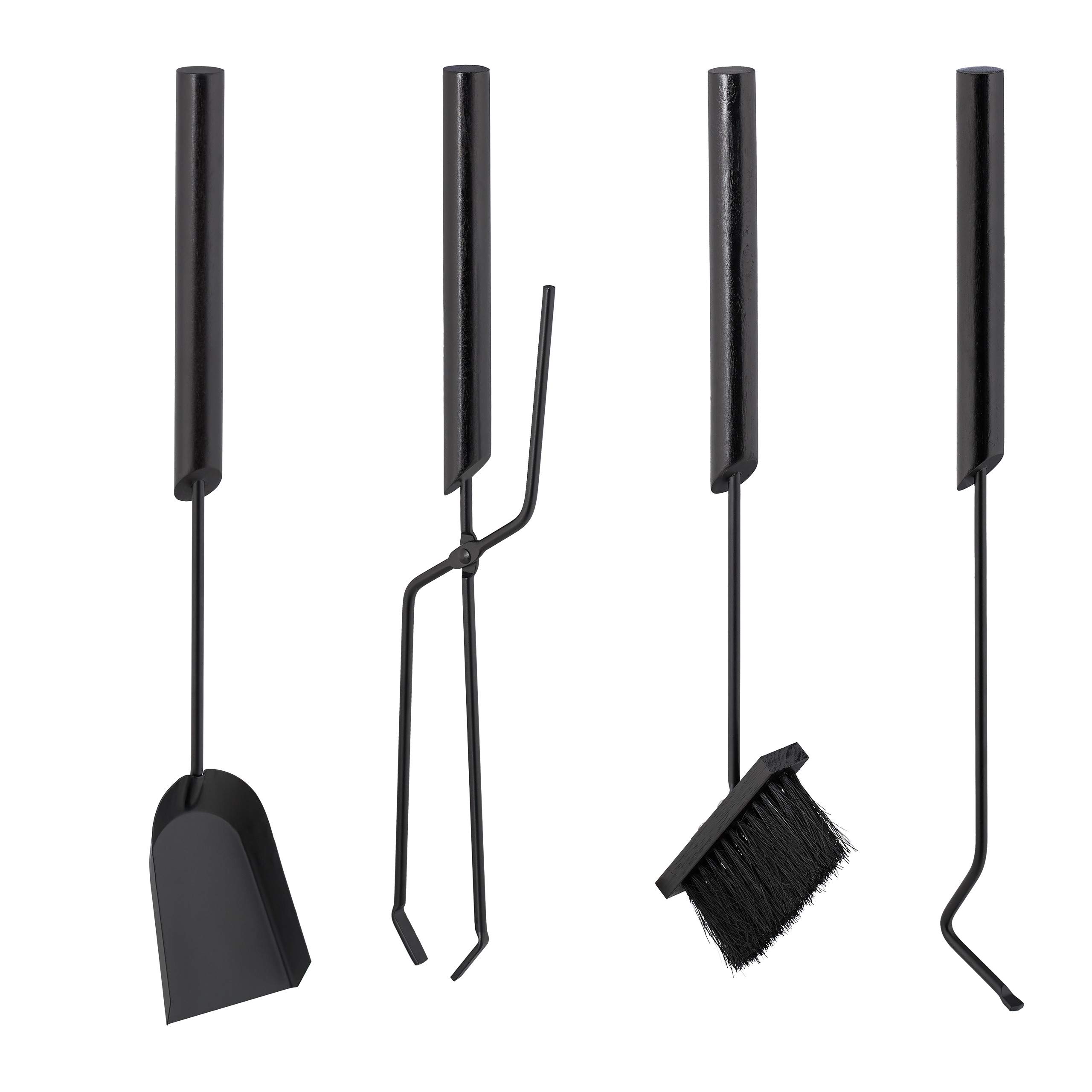 5-Piece Fireplace Tool Set with Shovel, Broom, Tongs & Stand - Modern Black Steel & Wood Fireplace Accessories (61 x 28.5 x 16cm) - Perfect for Indoor Fireplace, Hearth Maintenance & Home Decor
