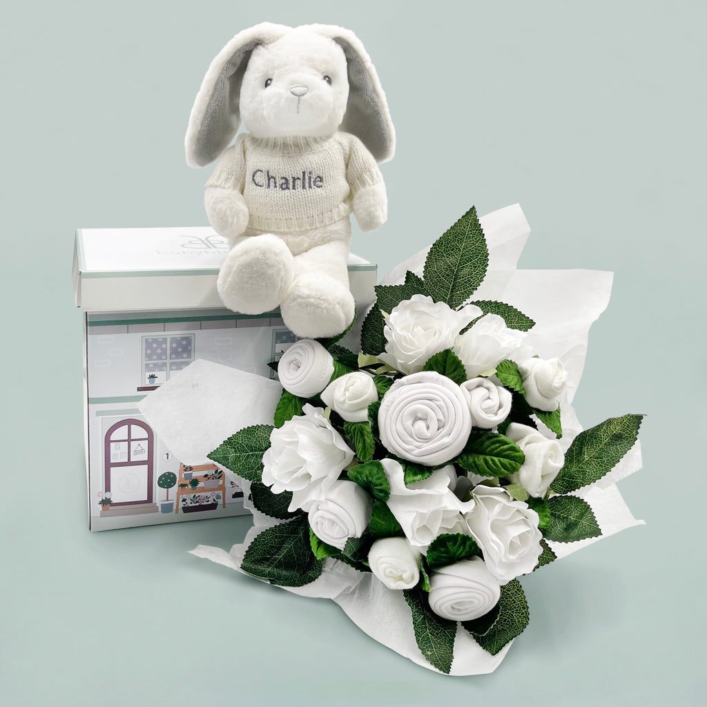 Hand-Tied Baby Clothes Bouquet with Personalized Bunny Plush - White | Perfect for Baby Showers, Newborn Gifts & Nursery Decor