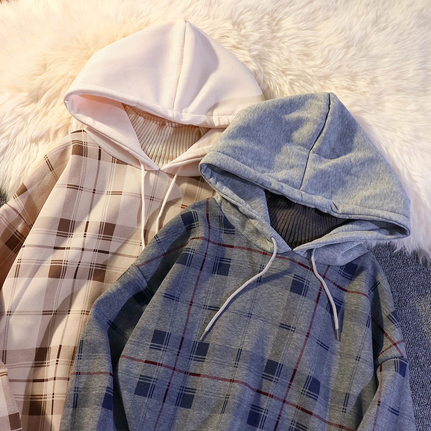 Women's Plaid Fleece Hoodie with Fake Two-Piece Design & Turtle Neck - Korean Style Pullover for Skateboarding & Fall Winter Fashion
