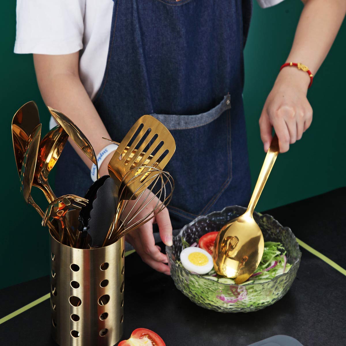 Premium Gold Plated Stainless Steel Cooking Spoon - Berglander Solid Serving Spoon with Titanium Coating, Basting & Kitchen Utensil - Dishwasher Safe & Easy to Clean - Perfect for Cooking, Serving & Gourmet Food Presentation