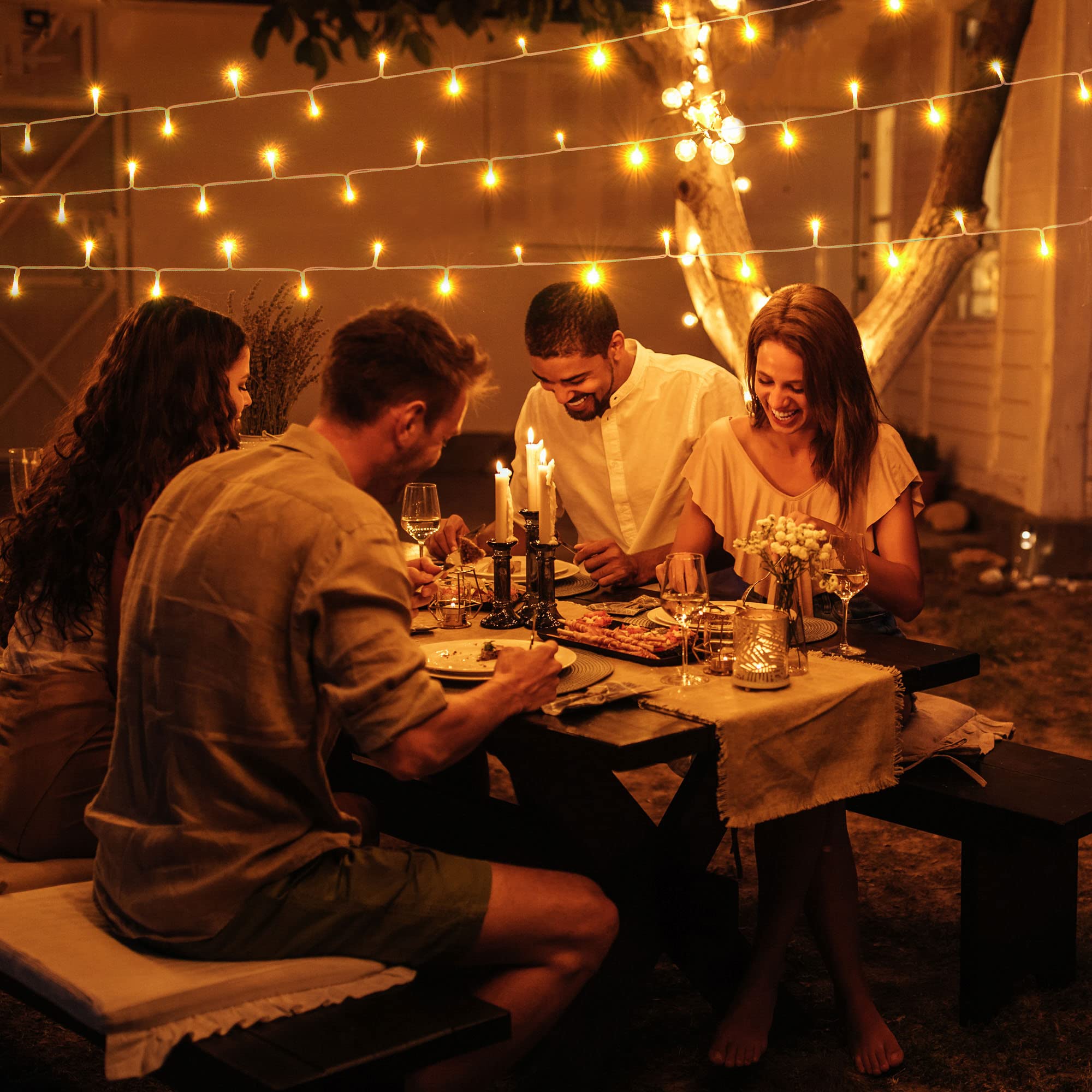 Yescom 96 LED Battery Operated String Lights - 8 Modes with Timer, Warm White, Fits 6-Rib 7/8/9ft Outdoor Umbrellas - Perfect for Patio, Garden, Market Stalls & Wedding Decorations
