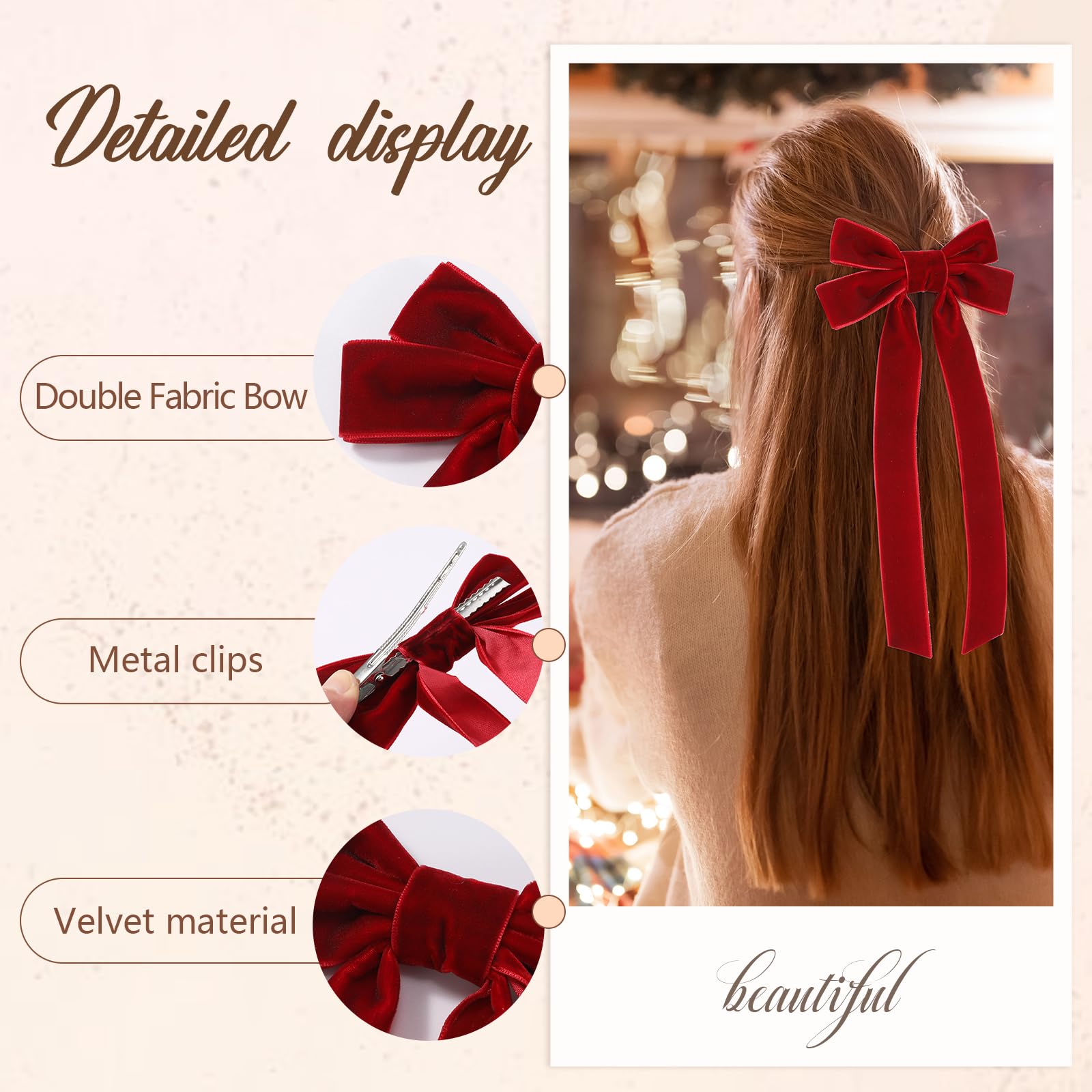 6PCS Velvet Hair Bows for Women & Girls - Long Tail Bow Hair Clips, Cute Hair Ribbon Barrettes & Ponytail Holders with Alligator Clips (Red) - Perfect for Parties, Weddings, School & Daily Fashion Accessories