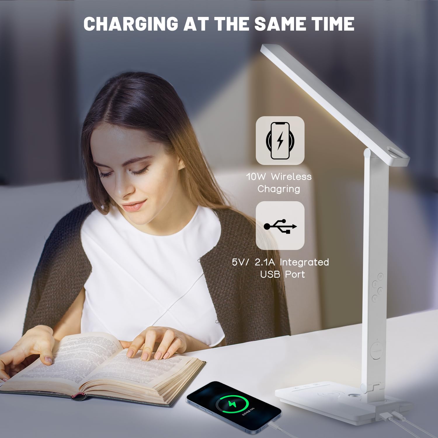 Smart LED Desk Lamp with Wireless Charger - Touch Control, Auto Timer & Night Light | Home Office Desk Light with Clock, Alarm, Date & Temperature Display | Perfect for College Dorm, Study Room & Bedroom Nightstand