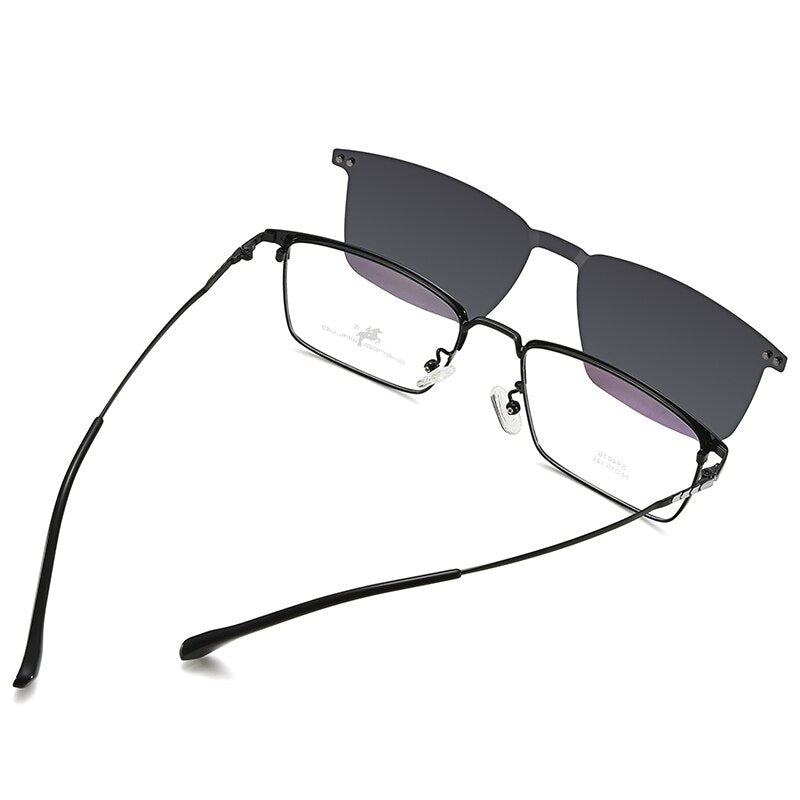 Bclear Men's Full Rim Square Alloy Frame Eyeglasses with Clip-On Polarized Sunglasses ZT94016 - Stylish Prescription Glasses & UV Protection for Driving, Outdoor Activities