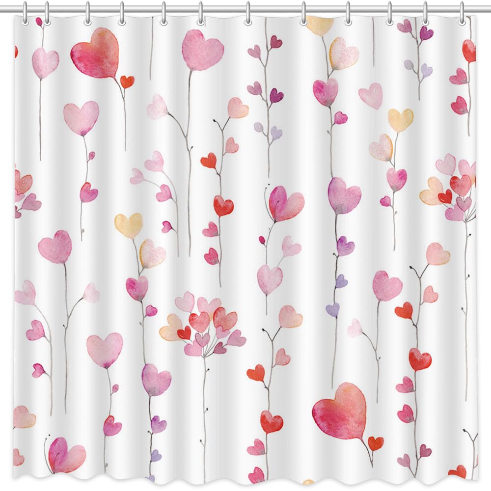 Valentine's Day Shower Curtain Set - Waterproof Fabric Bathroom Decor with 12 Hooks, 72x72 Inches - Romantic Falling Hearts Design for Couples & Gift Giving