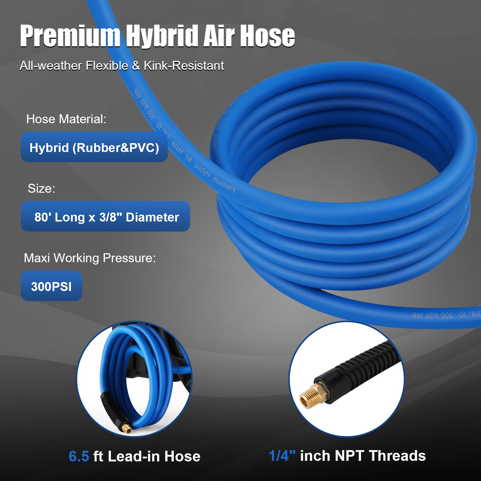 80FT + 6.5FT Retractable Air Hose Reel with Automatic Rewind | Wall Mount Pneumatic Hose for Garage & Workshop | 3/8
