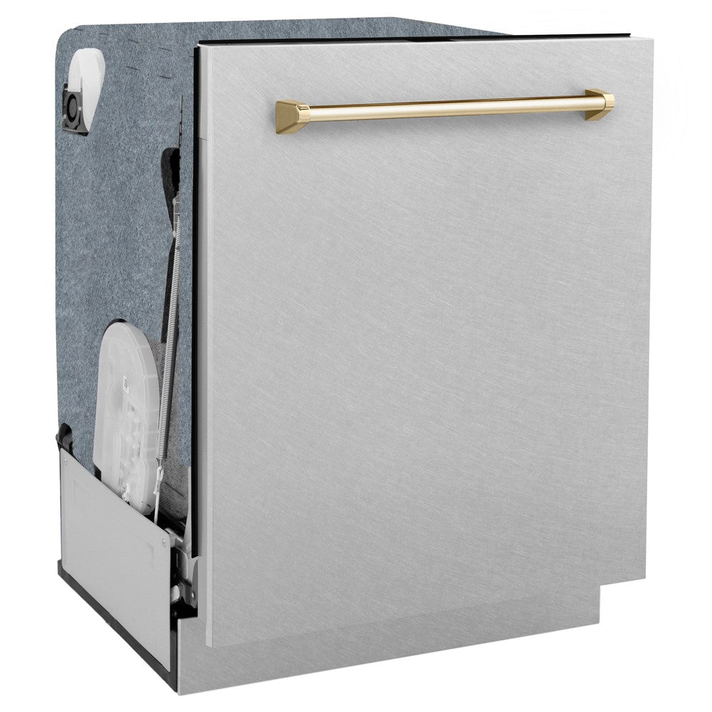 ZLINE Autograph Edition 24-inch Stainless Steel Dishwasher with 3rd Rack, Touch Controls & Gold Handle - Ultra Quiet 45dBa for Modern Kitchens | Perfect for Large Families & Entertaining Guests (Model DWMTZ SN 24 G)