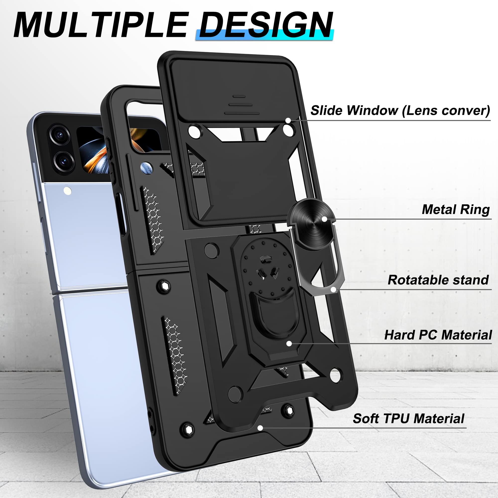 **Military Grade Samsung Galaxy Z Flip 4 Case with Slide Camera Cover & 360° Rotating Ring Kickstand - Shockproof Protective Cover for Everyday Use, Travel, and Work (Black)**