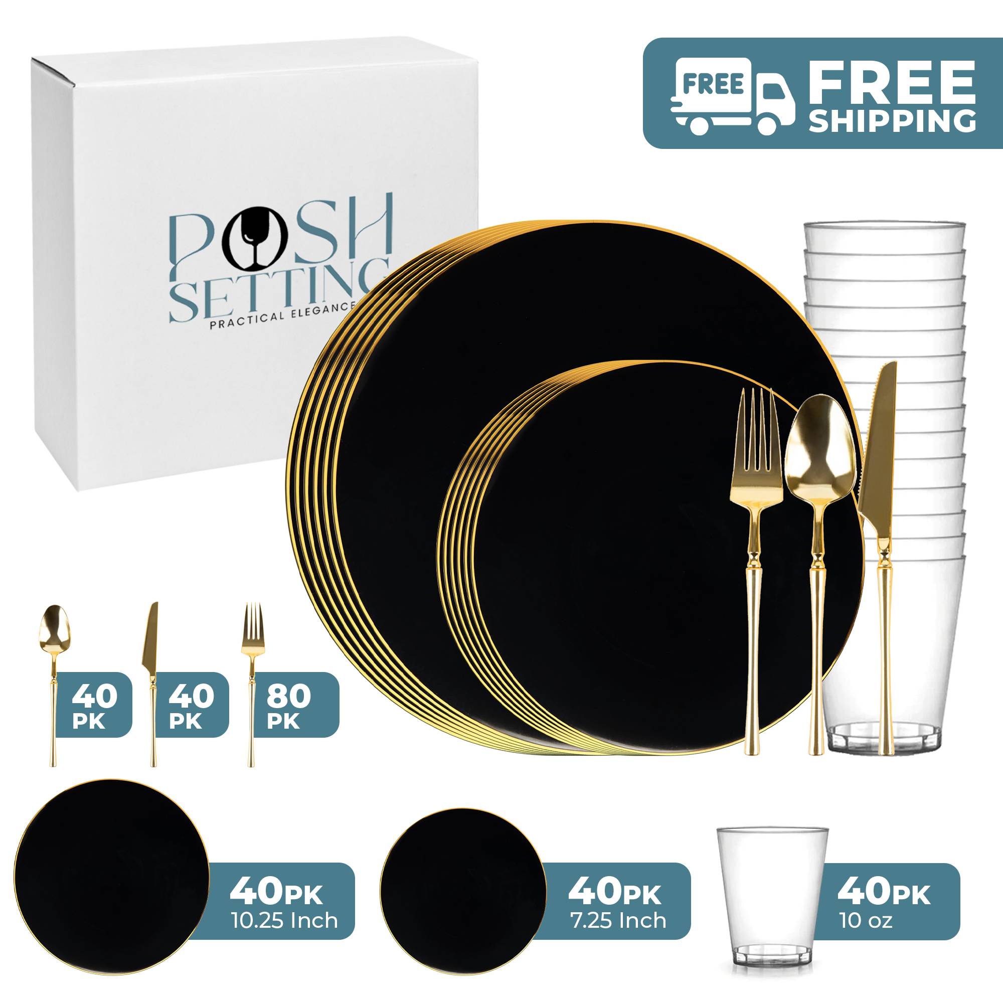 Black and Gold Plastic Party Bundle - Elegant Disposable Tableware Set for Birthday, Wedding & Holiday Celebrations - Perfect for Parties, Events & Home Decor