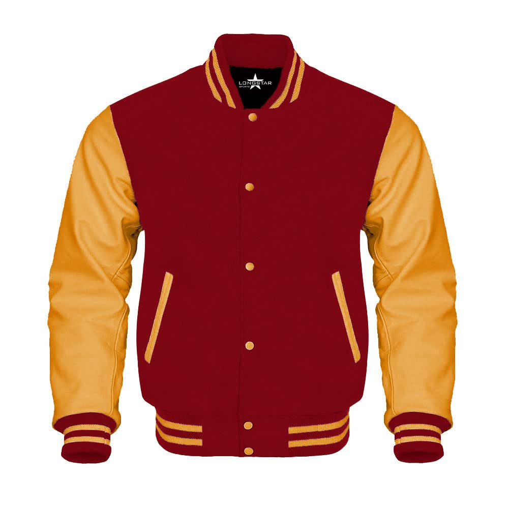 Authentic Baseball Varsity Bomber Jacket - Genuine Leather Sleeves & Wool Body - Letterman School Jacket in Multiple Colors - Perfect for Sports Teams, Graduation Gifts & Casual Winter Wear