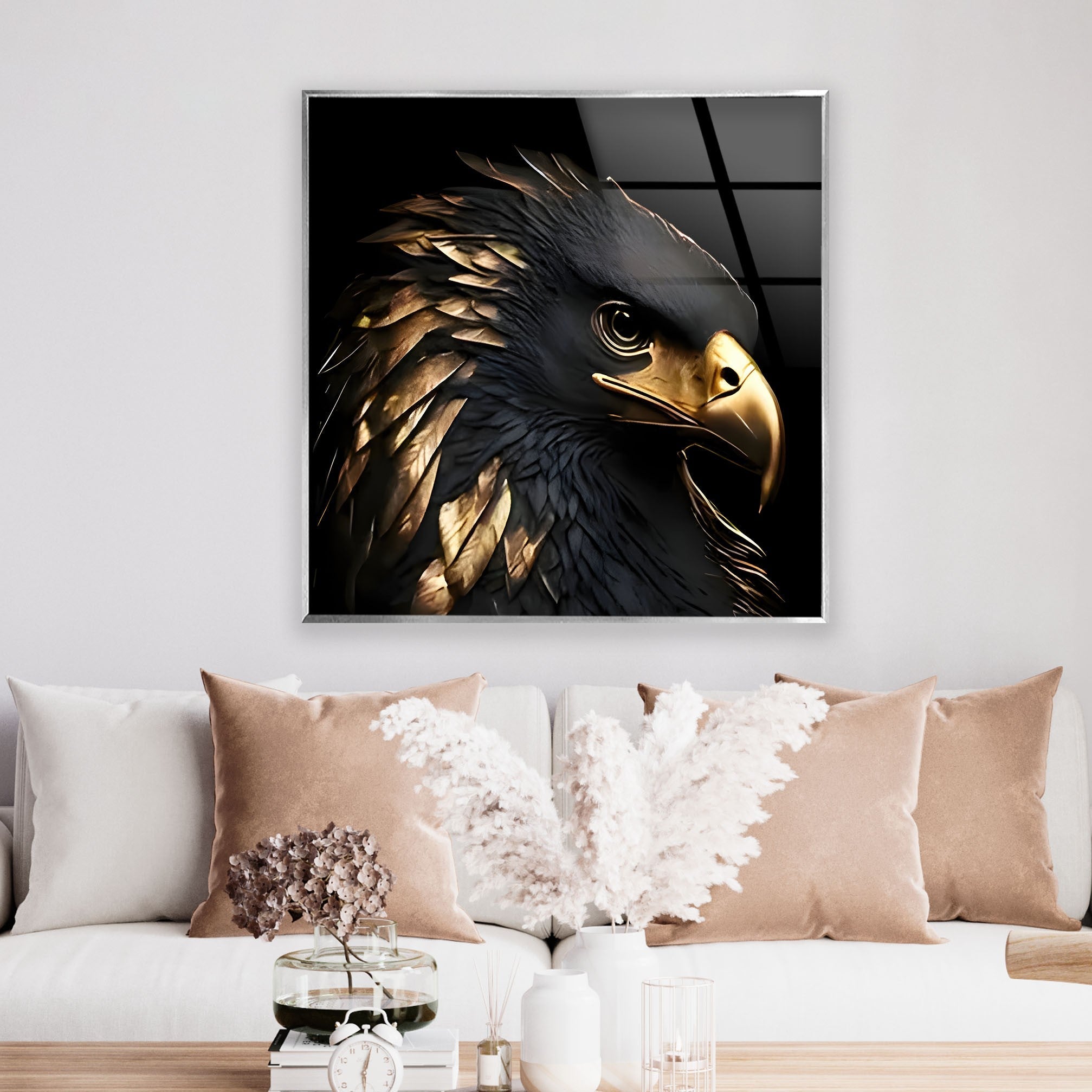 Black Gold Eagle Glass Wall Art - Handmade Modern Home Decor for Living Room, Bedroom & Office - Elegant Glass Artwork for Gifts & Interior Design