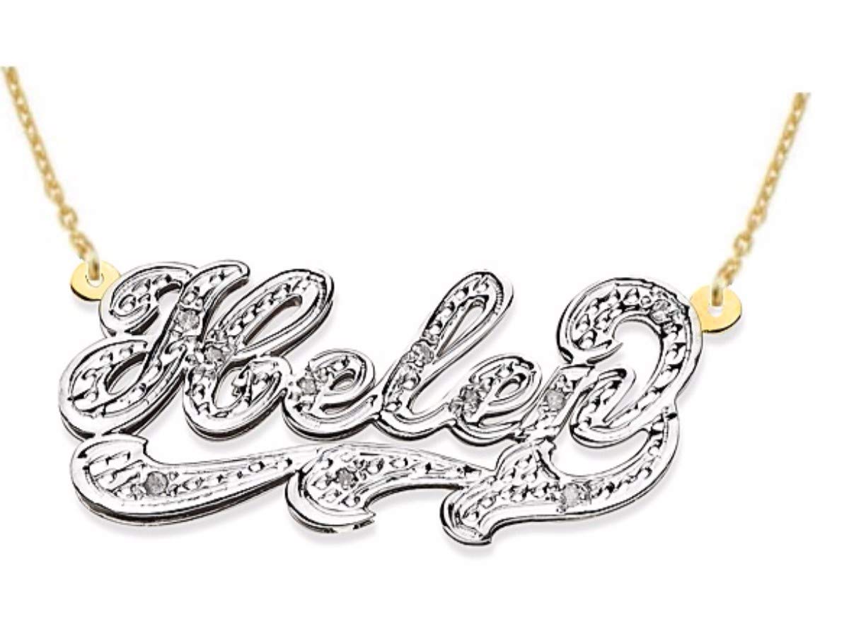 14K White Gold & Yellow Gold Personalized 0.15 Carat Diamond Nameplate Necklace for Women & Men - Custom Engraved Rylos Jewelry - Perfect for Anniversary Gifts, Valentine's Day & Special Occasions