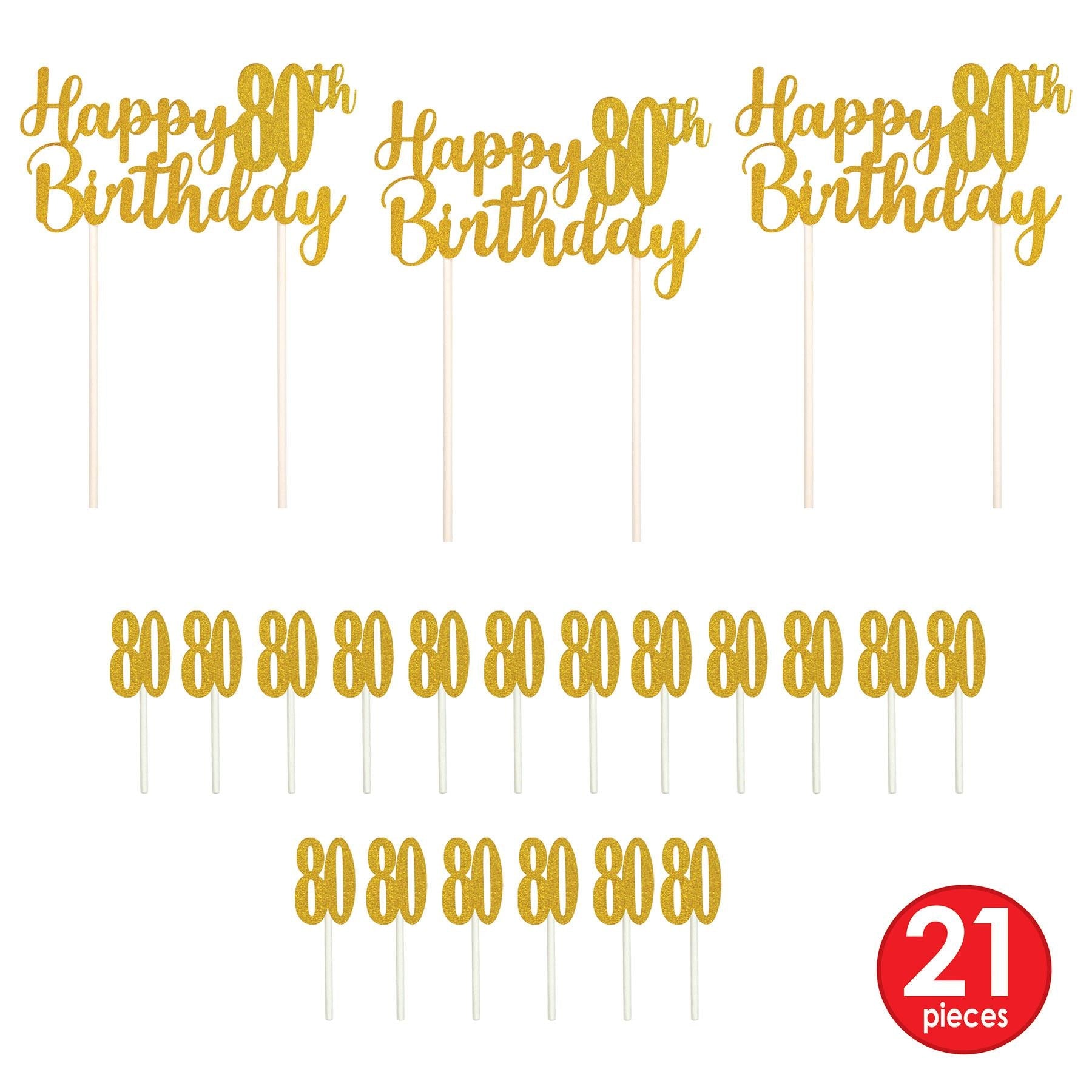 12 Pack Beistle Happy 80th Birthday Cake Toppers - Gold Foil Decorations for Anniversary Celebrations, Retirement Parties & Milestone Events
