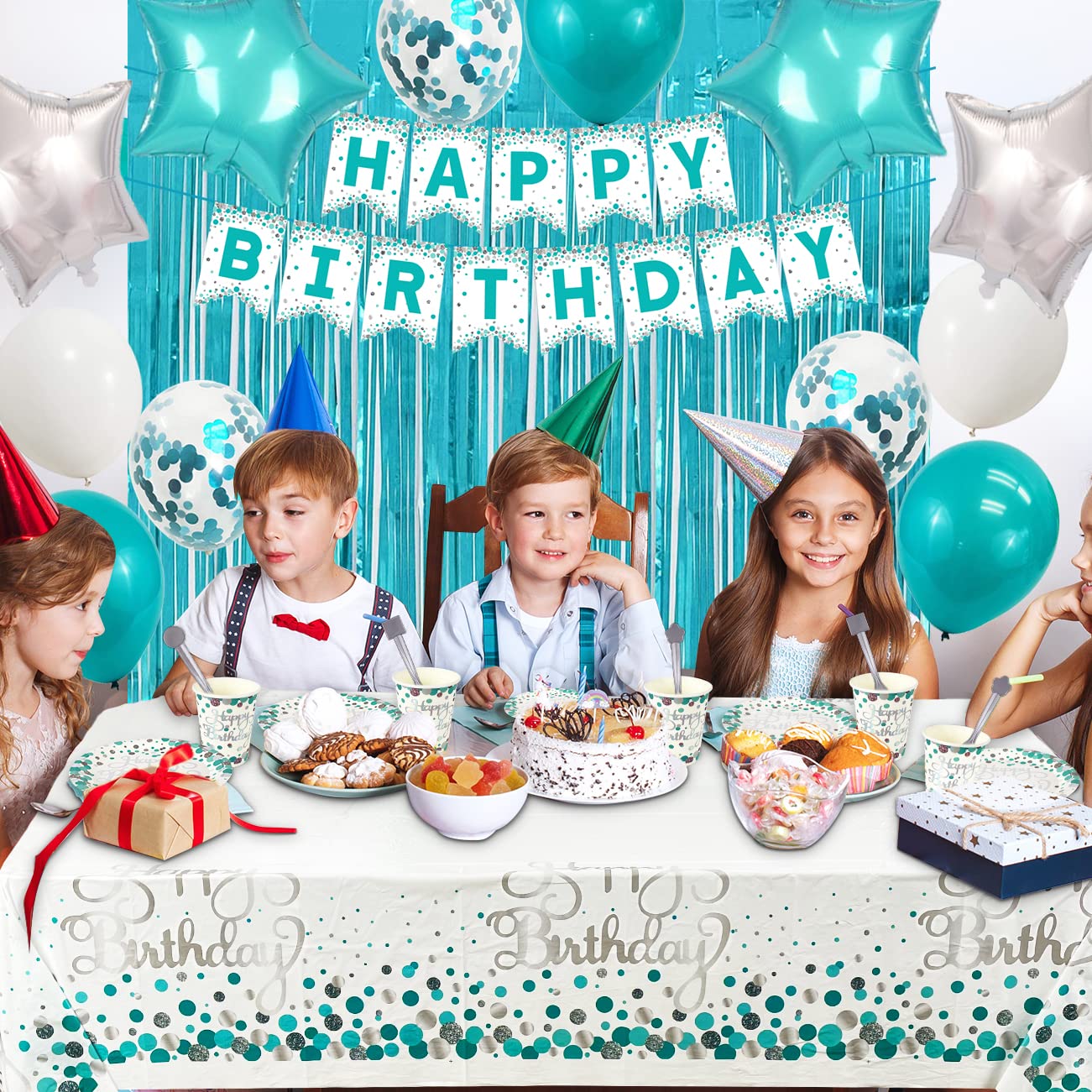 Teal Blue Birthday Party Supplies for 20 Guests - 80-Piece Set with Plates, Cups, Napkins, Balloons, Banner, Sash, Cake Topper & Curtains | Perfect for Baby Showers, Bridal Showers & Birthday Celebrations