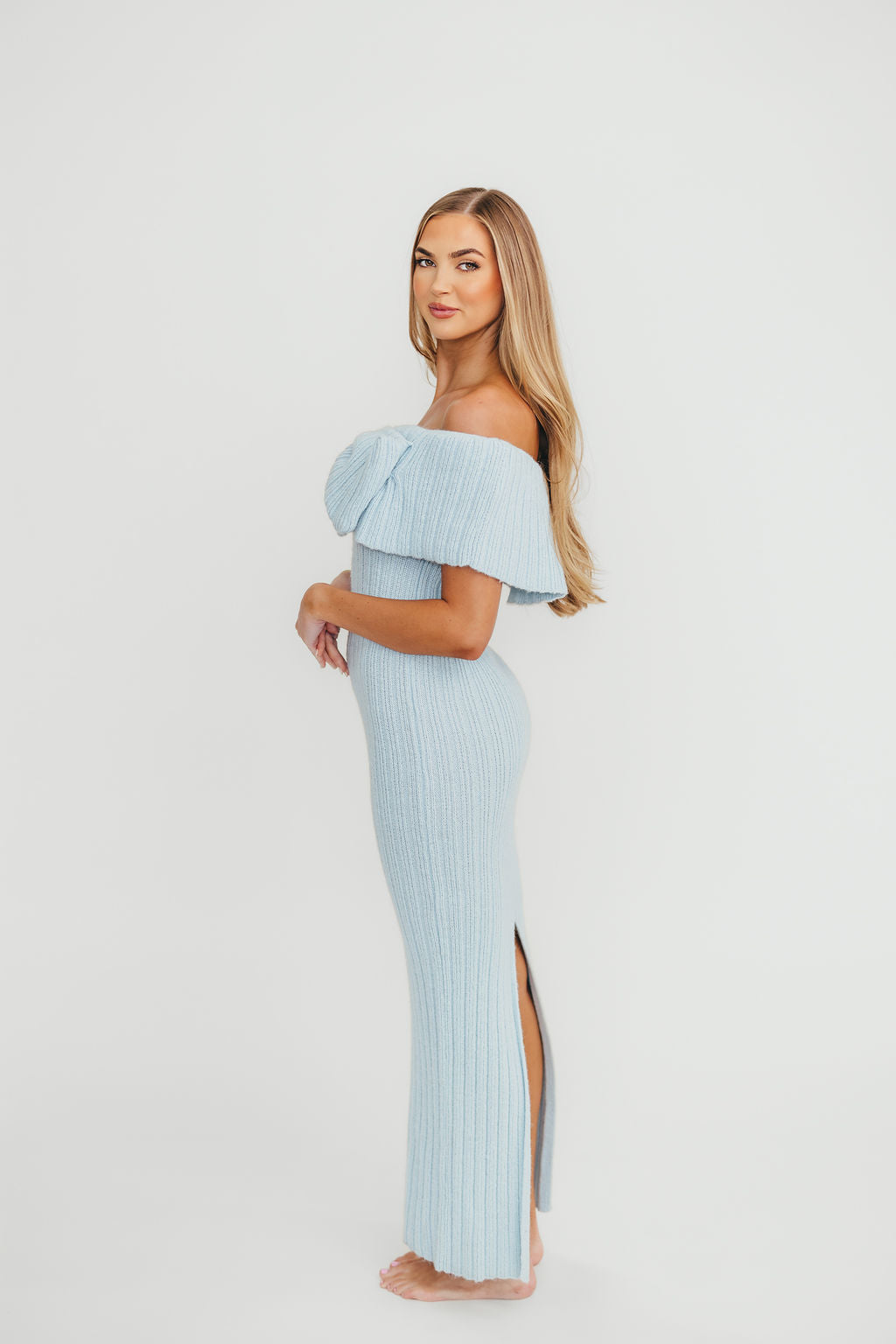 Aston Bow Front Maxi Sweater Dress in Ice Metal - Bump Friendly Maternity & Plus Size (S-3XL) | Winter Layering, Holiday Party Outfit, Casual Office Wear