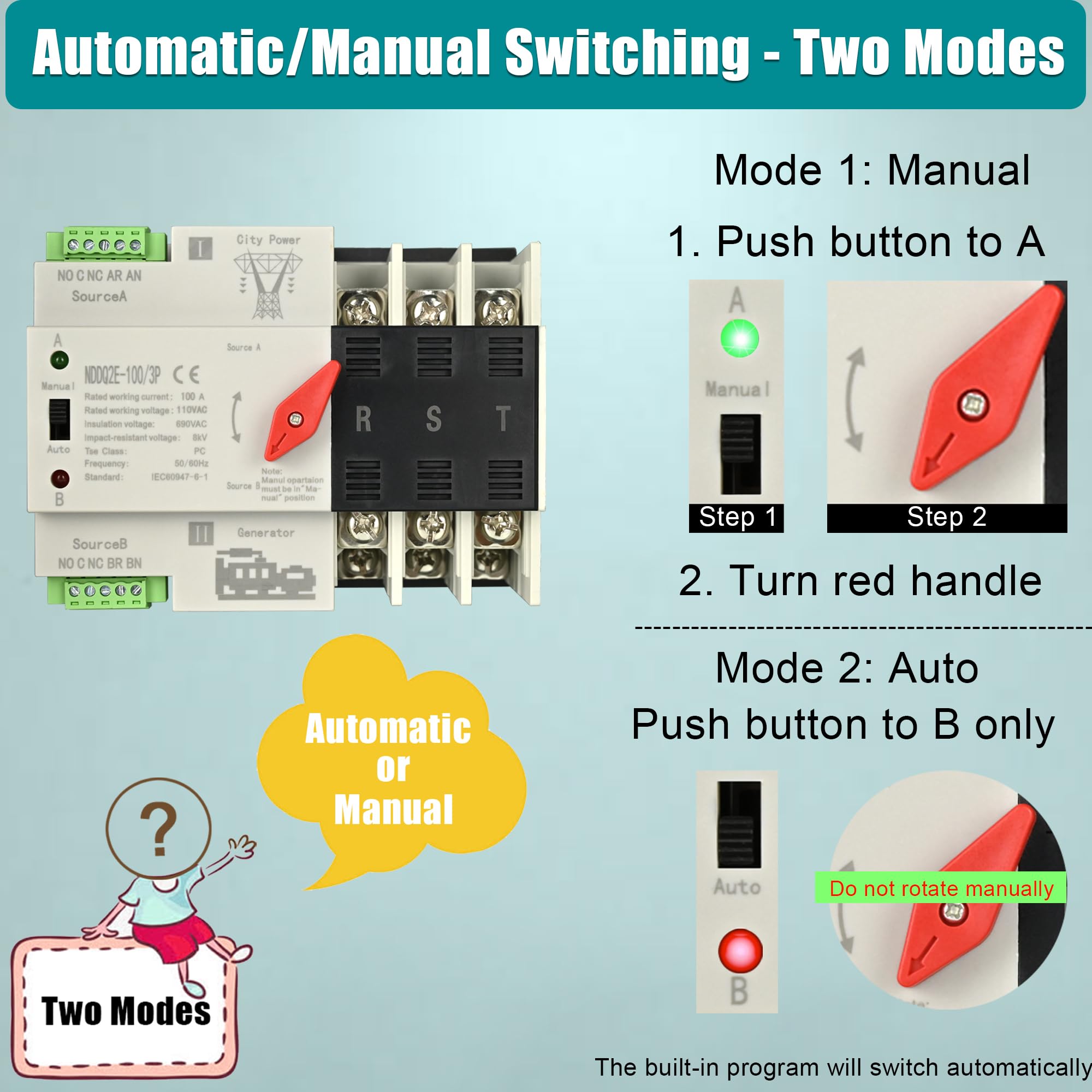 100 Amp Automatic Transfer Switch for Generator, 120/240V 3P 4W 24,000W ATS - Reliable Power Transfer with Enhanced Safety - Perfect for Home Backup, RV Power & Emergency Power Systems