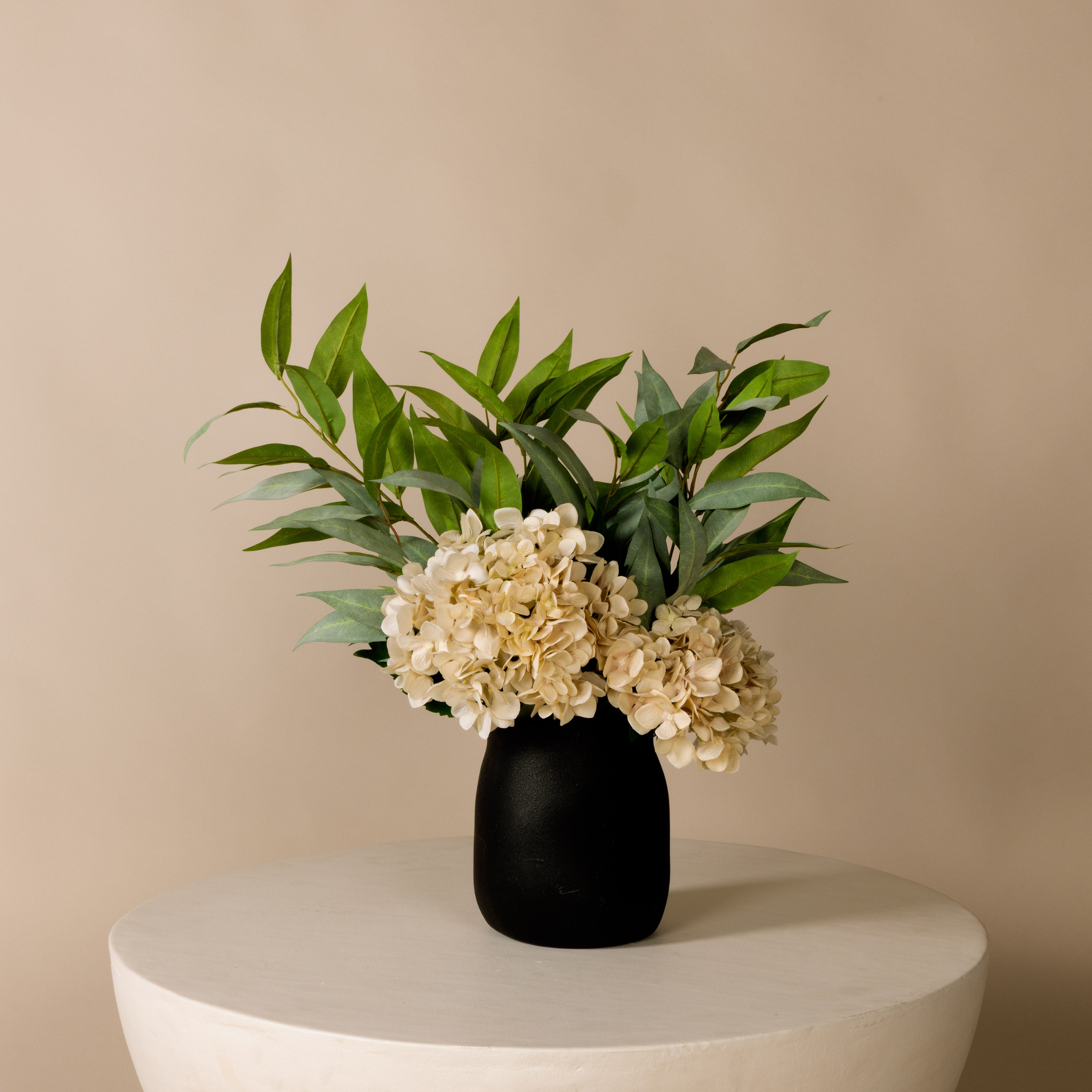 Grand Hydrangea Eucalyptus Mix - Maliah Pot in Black | Set of 3 Artificial Flowers for Home Decor, Wedding Centerpieces & Office Arrangements