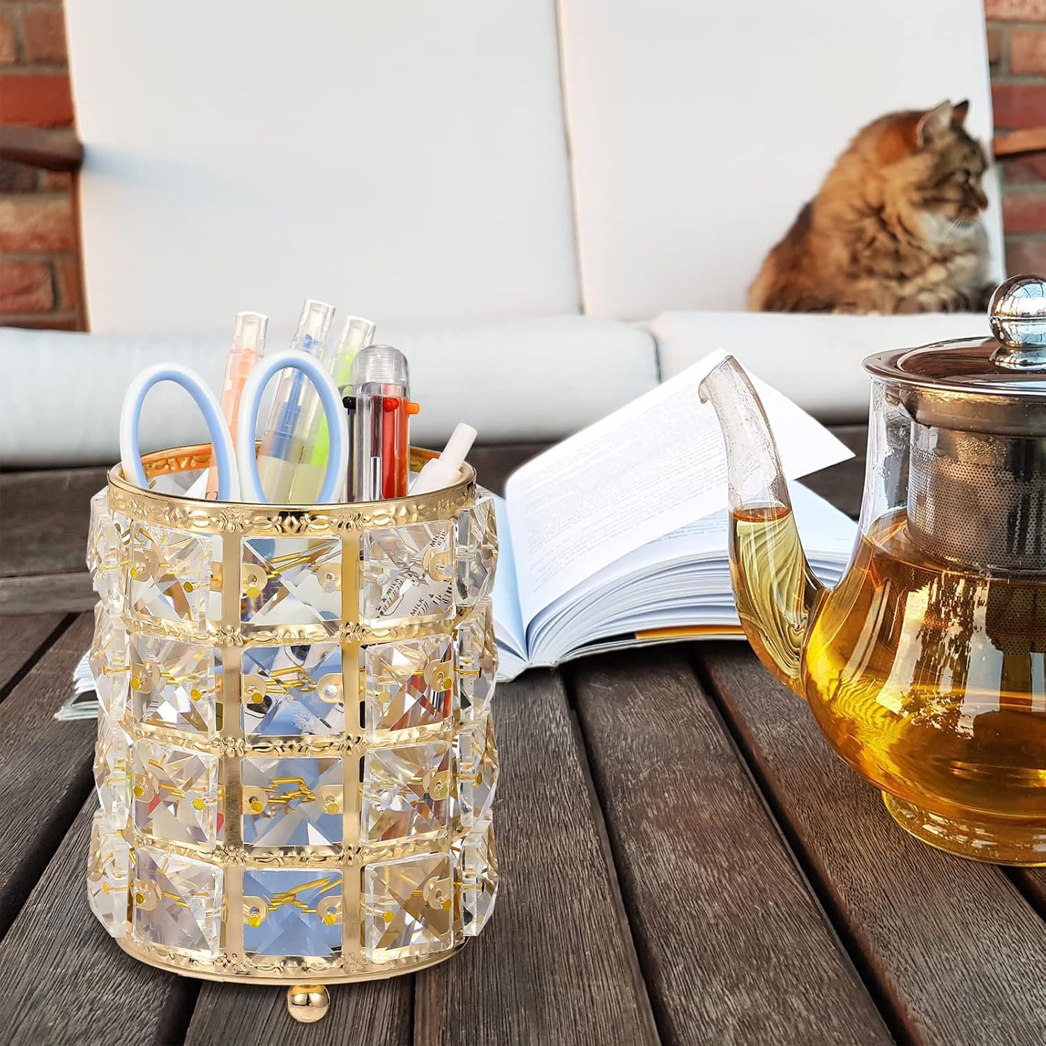 AKOAK 1 Pack Crystal Makeup Brush Holder - Gold Cosmetic Organizer for Eyebrow Pencils, Lipsticks & Makeup Tools | Perfect for Dressing Table, Bedroom, Office & Travel Storage